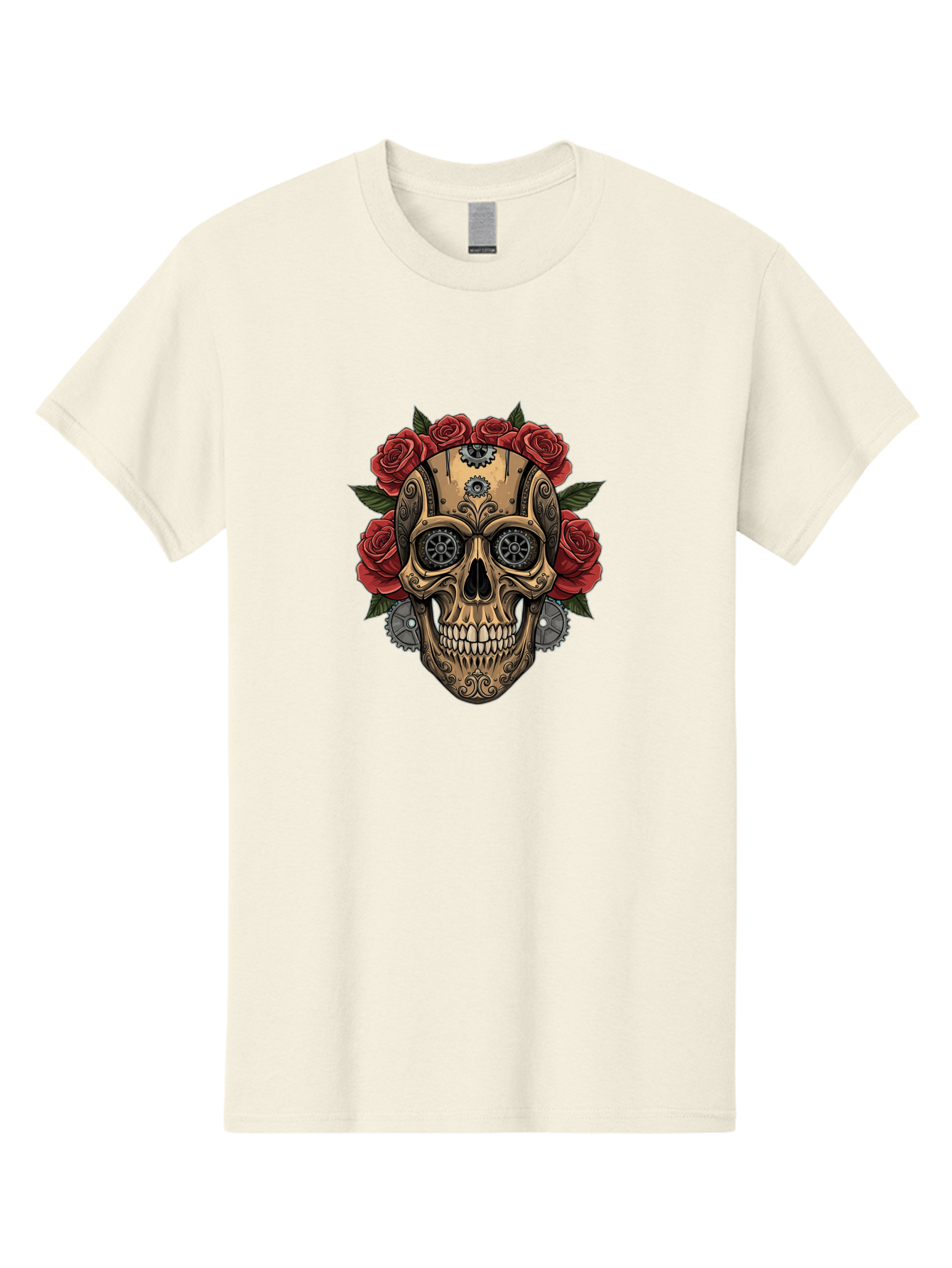 Sugar-Skull-With-Roses Men'S Graphic Tee, 100% Cotton, Comfortable Casual Summer Wear, Machine Washable, Sugar Skull, Day Of The Dead, Mechanical Parts, Floral Wreath, Red Roses, Gothic Design, Steampunk Style, Intricate Details, Bad791 13