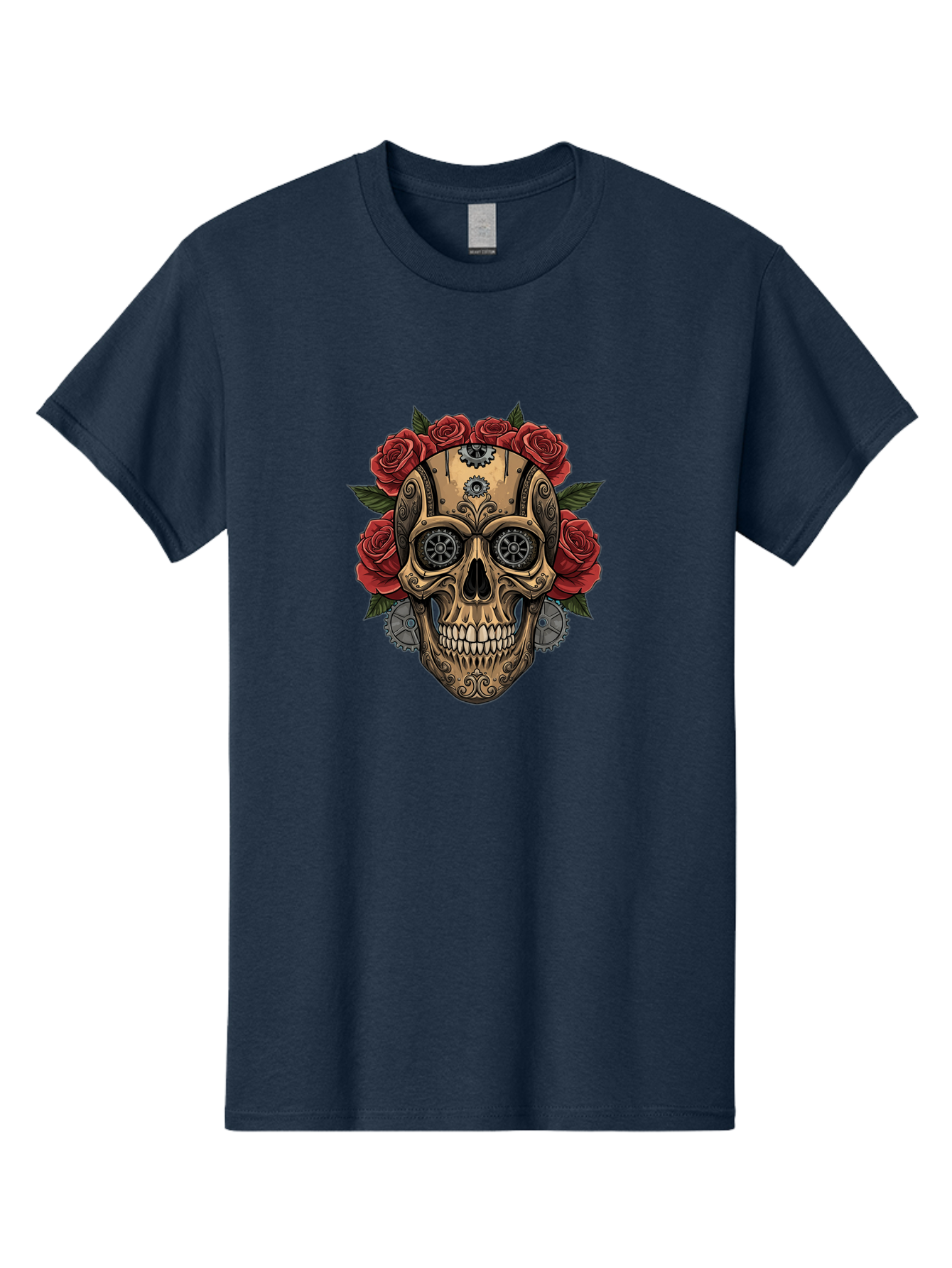 Sugar-Skull-With-Roses Men'S Graphic Tee, 100% Cotton, Comfortable Casual Summer Wear, Machine Washable, Sugar Skull, Day Of The Dead, Mechanical Parts, Floral Wreath, Red Roses, Gothic Design, Steampunk Style, Intricate Details, Bad791 15