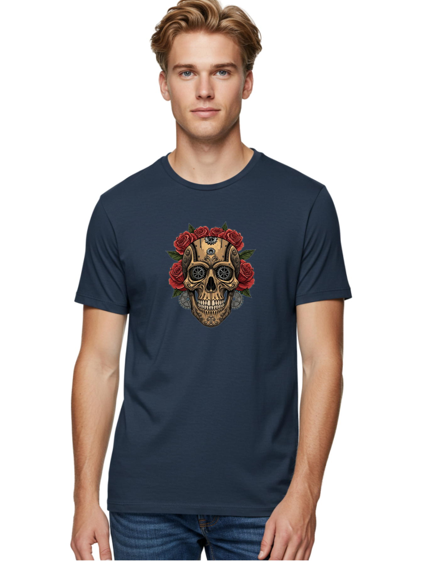 Sugar-Skull-With-Roses Men'S Graphic Tee, 100% Cotton, Comfortable Casual Summer Wear, Machine Washable, Sugar Skull, Day Of The Dead, Mechanical Parts, Floral Wreath, Red Roses, Gothic Design, Steampunk Style, Intricate Details, Bad791 30