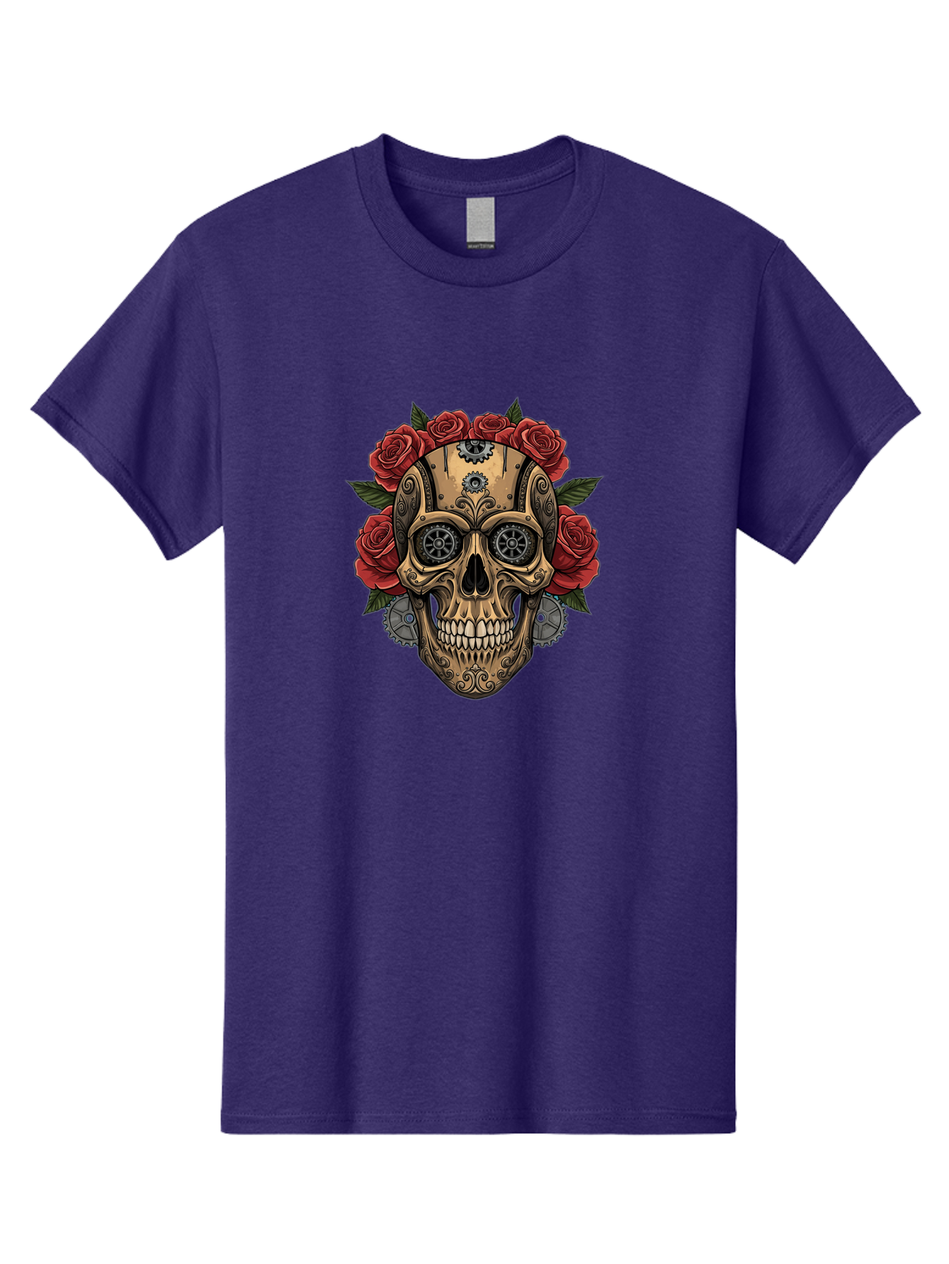 Sugar-Skull-With-Roses Men'S Graphic Tee, 100% Cotton, Comfortable Casual Summer Wear, Machine Washable, Sugar Skull, Day Of The Dead, Mechanical Parts, Floral Wreath, Red Roses, Gothic Design, Steampunk Style, Intricate Details, Bad791 8