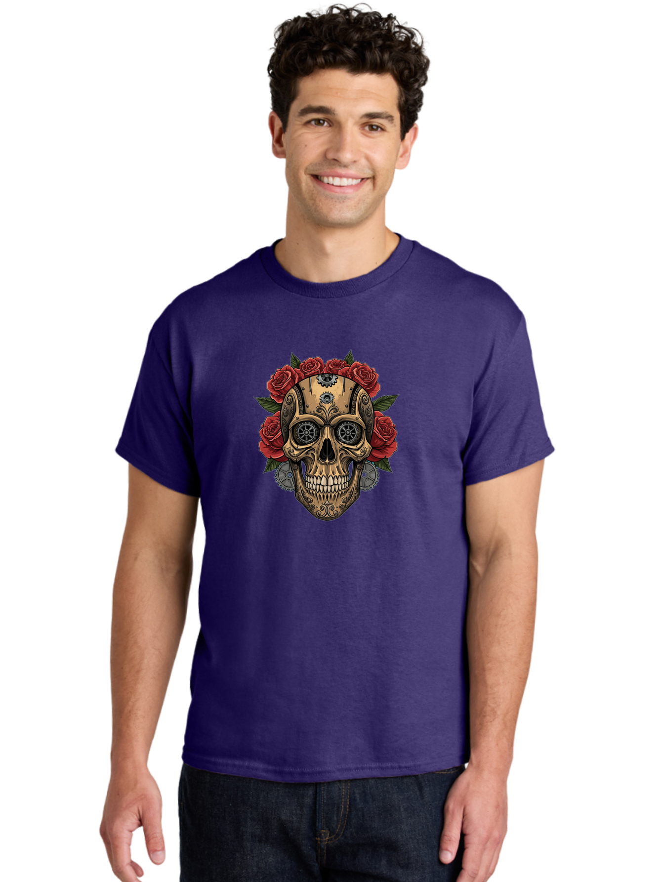 Sugar-Skull-With-Roses Men'S Graphic Tee, 100% Cotton, Comfortable Casual Summer Wear, Machine Washable, Sugar Skull, Day Of The Dead, Mechanical Parts, Floral Wreath, Red Roses, Gothic Design, Steampunk Style, Intricate Details, Bad791 23