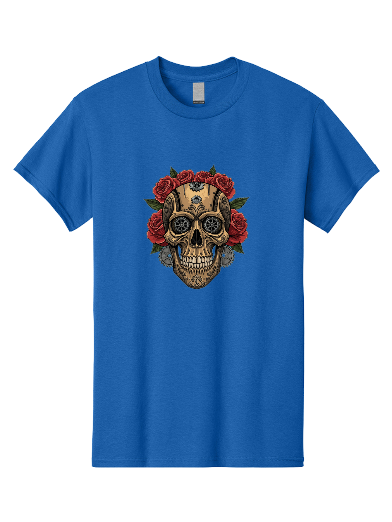 Sugar-Skull-With-Roses Men'S Graphic Tee, 100% Cotton, Comfortable Casual Summer Wear, Machine Washable, Sugar Skull, Day Of The Dead, Mechanical Parts, Floral Wreath, Red Roses, Gothic Design, Steampunk Style, Intricate Details, Bad791 9