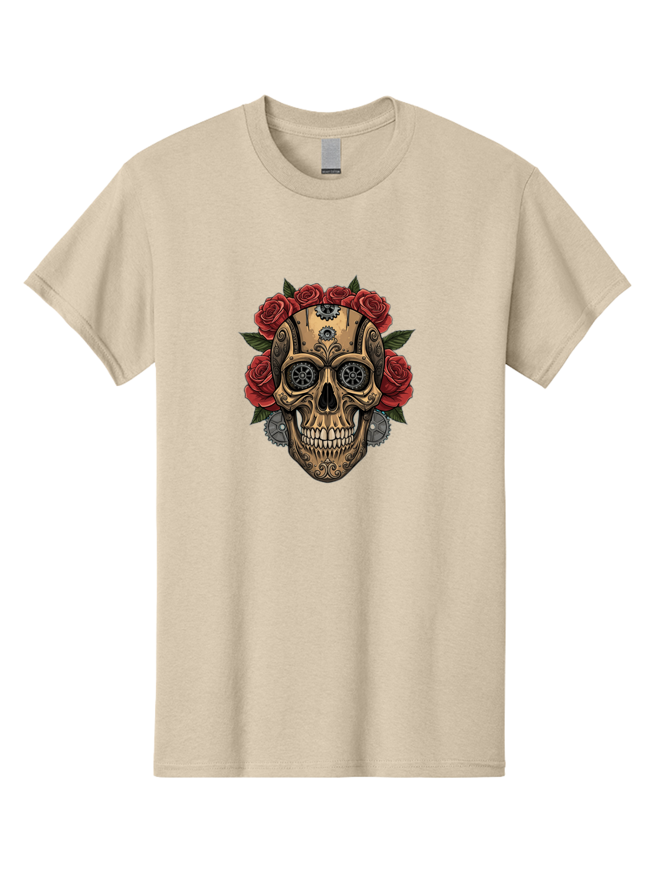 Sugar-Skull-With-Roses Men'S Graphic Tee, 100% Cotton, Comfortable Casual Summer Wear, Machine Washable, Sugar Skull, Day Of The Dead, Mechanical Parts, Floral Wreath, Red Roses, Gothic Design, Steampunk Style, Intricate Details, Bad791 1