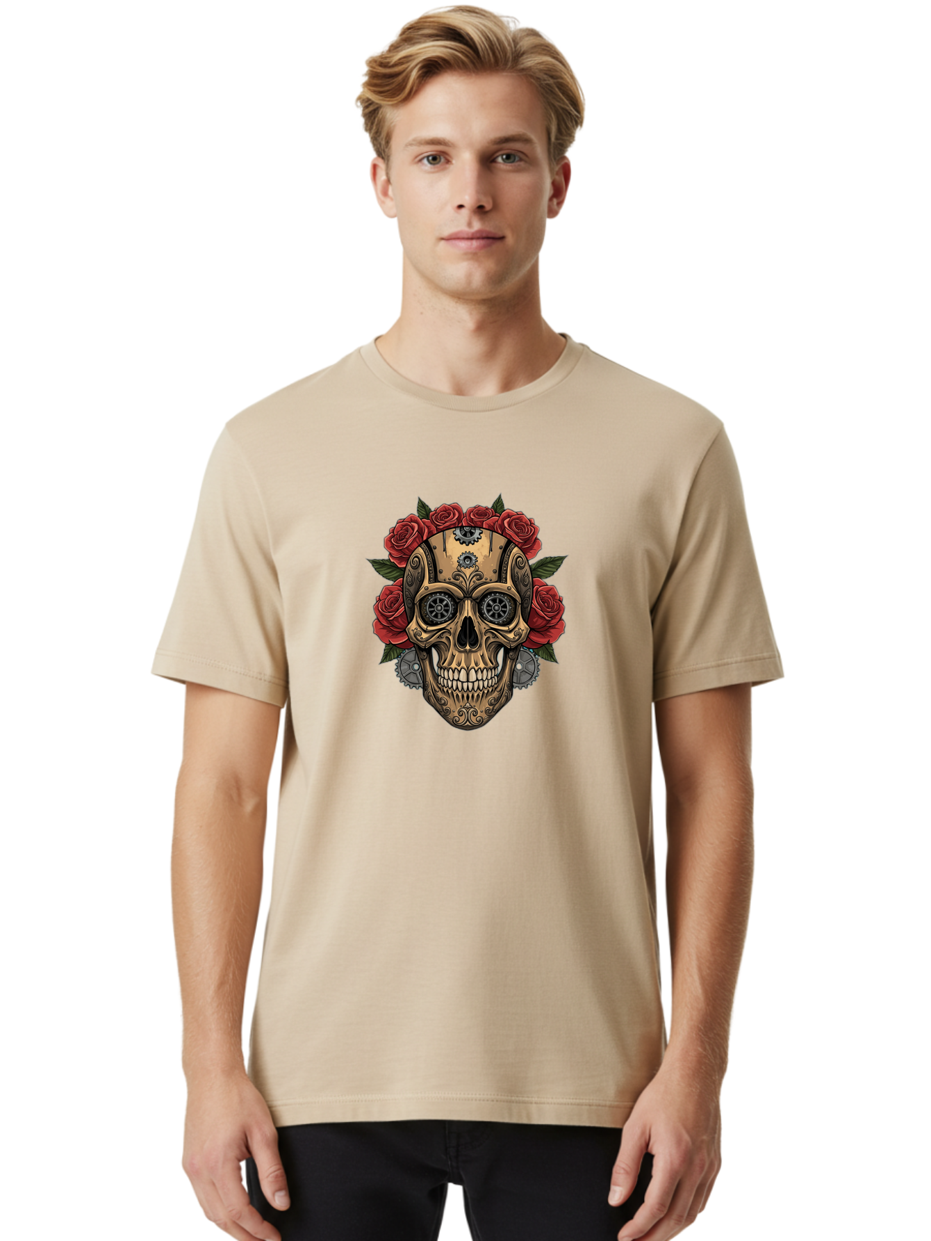 Sugar-Skull-With-Roses Men'S Graphic Tee, 100% Cotton, Comfortable Casual Summer Wear, Machine Washable, Sugar Skull, Day Of The Dead, Mechanical Parts, Floral Wreath, Red Roses, Gothic Design, Steampunk Style, Intricate Details, Bad791 16