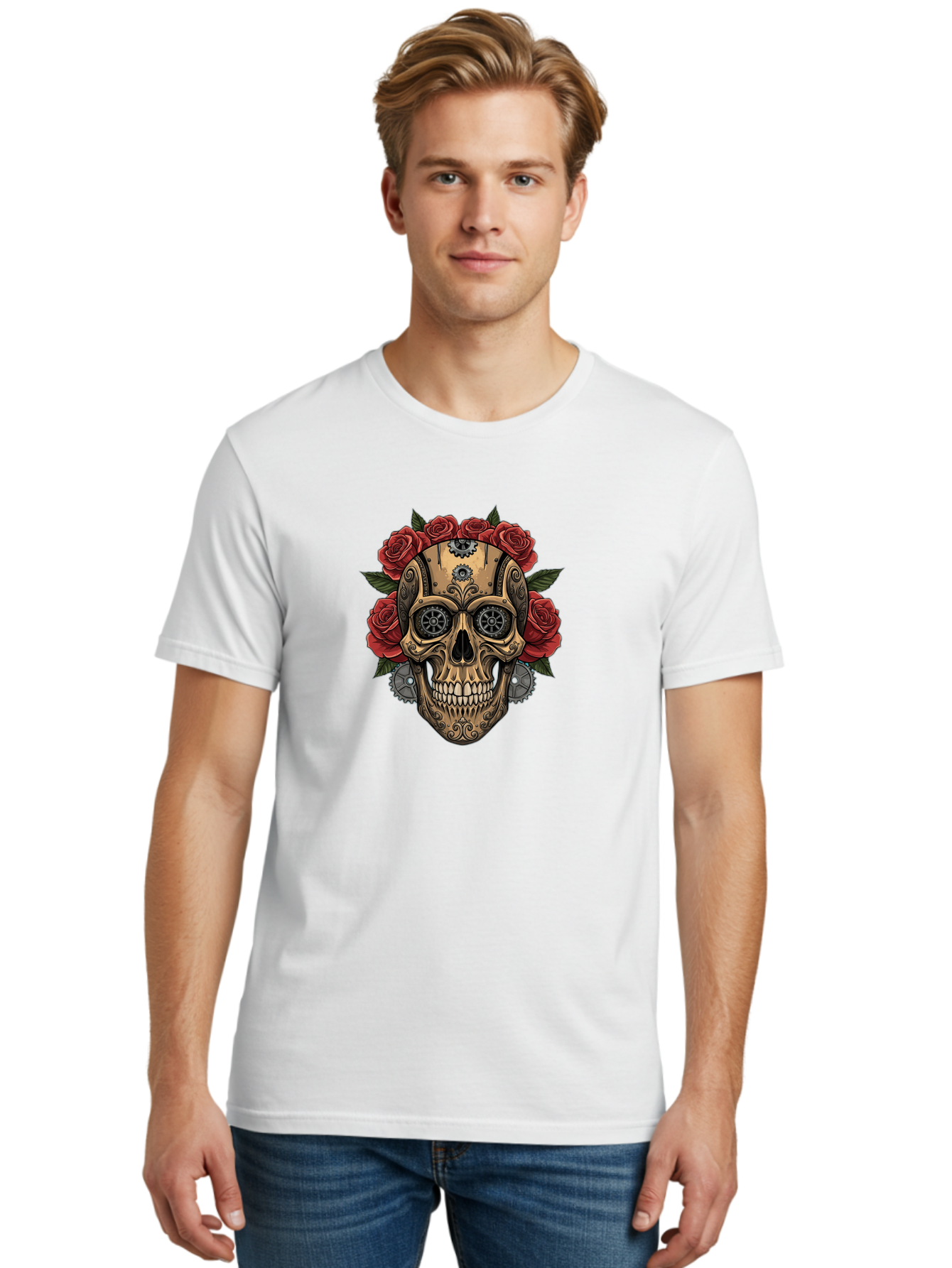 Sugar-Skull-With-Roses Men'S Graphic Tee, 100% Cotton, Comfortable Casual Summer Wear, Machine Washable, Sugar Skull, Day Of The Dead, Mechanical Parts, Floral Wreath, Red Roses, Gothic Design, Steampunk Style, Intricate Details, Bad791 25