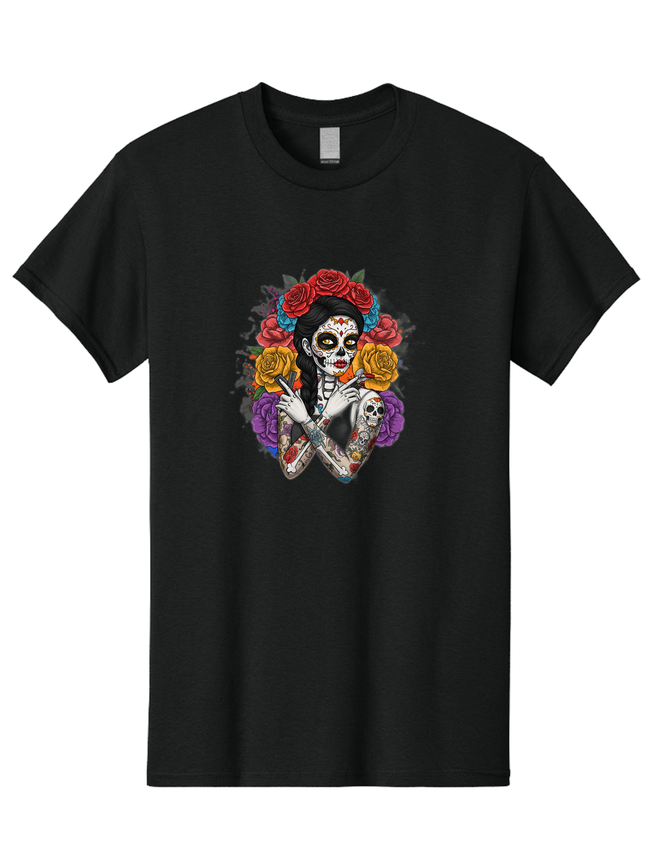 Sugar-Skull-Woman Men'S Graphic Tee, 100% Cotton, Comfortable Casual Summer Wear, Machine Washable, Sugar Skull, Day Of The Dead, Tattoo Art, Floral Crown, Roses, Skull Makeup, Vibrant Colors, Gothic Style, Feminine Beauty, Bad792 3