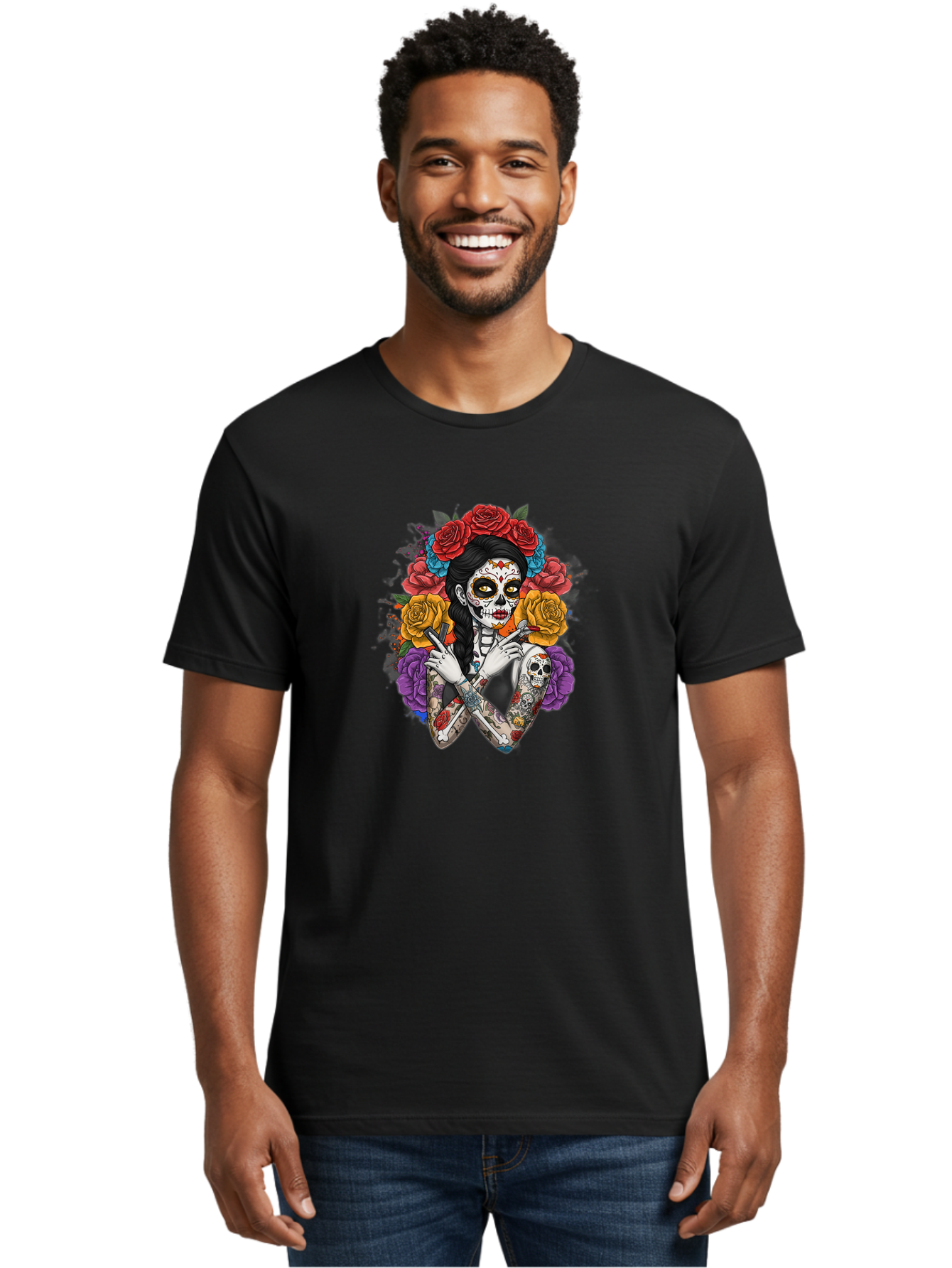 Sugar-Skull-Woman Men'S Graphic Tee, 100% Cotton, Comfortable Casual Summer Wear, Machine Washable, Sugar Skull, Day Of The Dead, Tattoo Art, Floral Crown, Roses, Skull Makeup, Vibrant Colors, Gothic Style, Feminine Beauty, Bad792 18