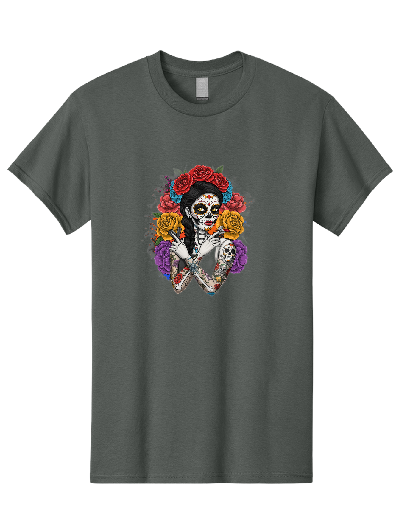 Sugar-Skull-Woman Men'S Graphic Tee, 100% Cotton, Comfortable Casual Summer Wear, Machine Washable, Sugar Skull, Day Of The Dead, Tattoo Art, Floral Crown, Roses, Skull Makeup, Vibrant Colors, Gothic Style, Feminine Beauty, Bad792 2