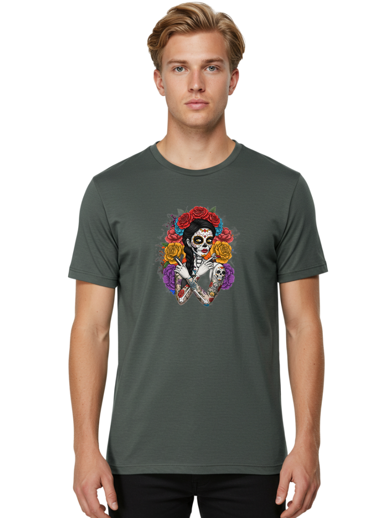 Sugar-Skull-Woman Men'S Graphic Tee, 100% Cotton, Comfortable Casual Summer Wear, Machine Washable, Sugar Skull, Day Of The Dead, Tattoo Art, Floral Crown, Roses, Skull Makeup, Vibrant Colors, Gothic Style, Feminine Beauty, Bad792 17