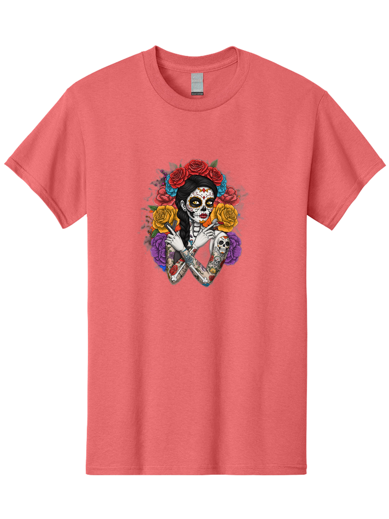 Sugar-Skull-Woman Men'S Graphic Tee, 100% Cotton, Comfortable Casual Summer Wear, Machine Washable, Sugar Skull, Day Of The Dead, Tattoo Art, Floral Crown, Roses, Skull Makeup, Vibrant Colors, Gothic Style, Feminine Beauty, Bad792 1