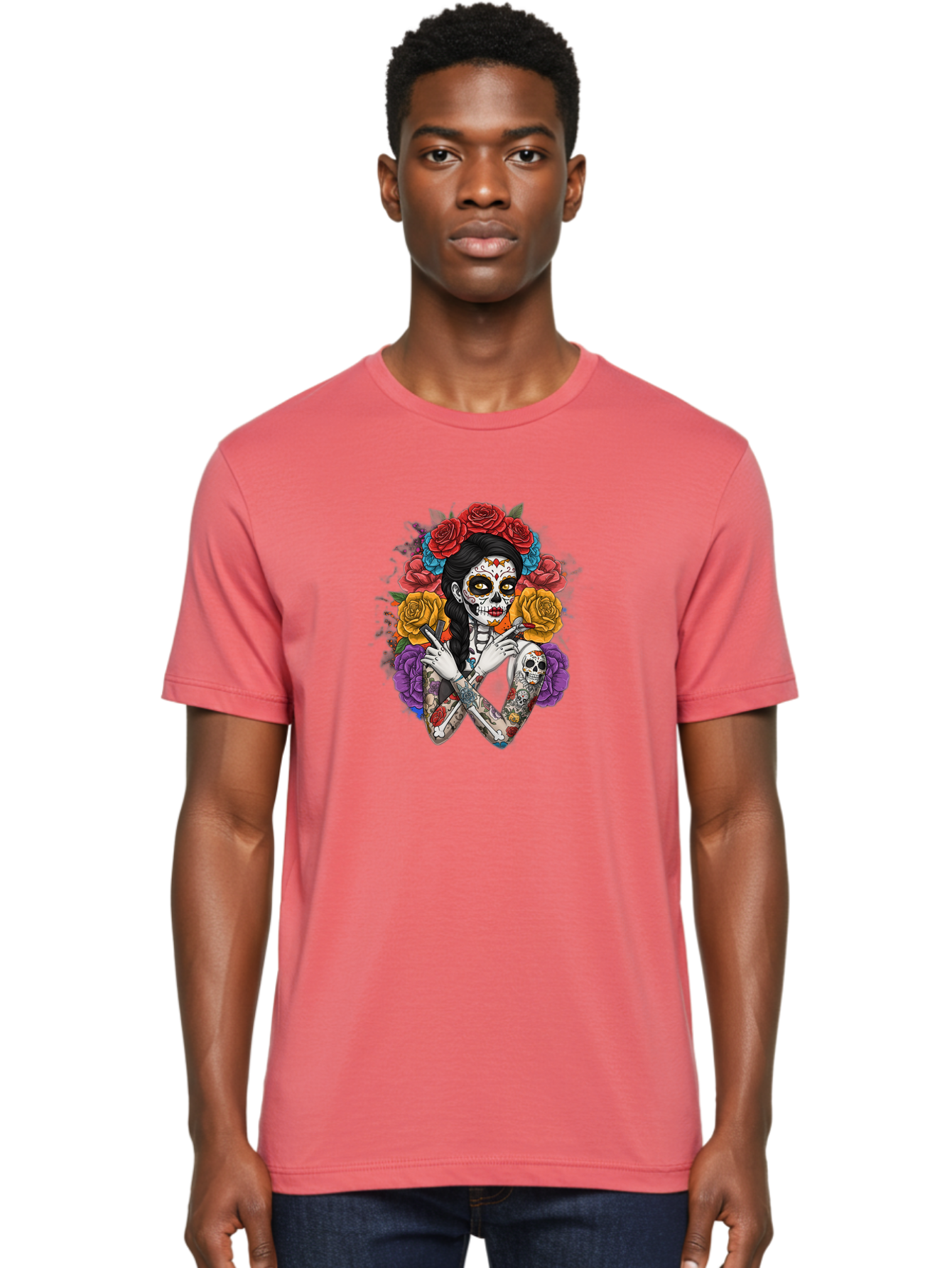 Sugar-Skull-Woman Men'S Graphic Tee, 100% Cotton, Comfortable Casual Summer Wear, Machine Washable, Sugar Skull, Day Of The Dead, Tattoo Art, Floral Crown, Roses, Skull Makeup, Vibrant Colors, Gothic Style, Feminine Beauty, Bad792 16