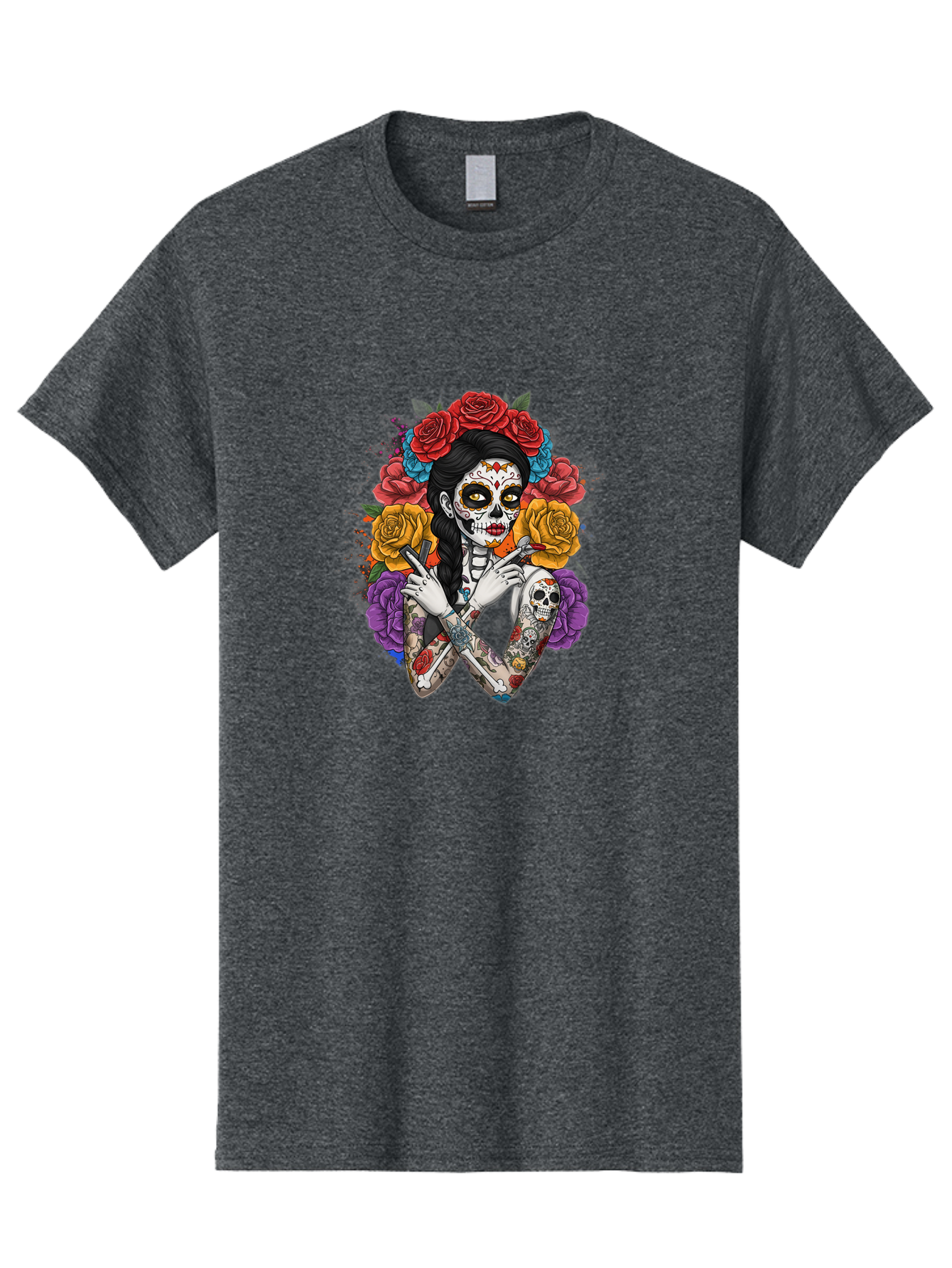 Sugar-Skull-Woman Men'S Graphic Tee, 100% Cotton, Comfortable Casual Summer Wear, Machine Washable, Sugar Skull, Day Of The Dead, Tattoo Art, Floral Crown, Roses, Skull Makeup, Vibrant Colors, Gothic Style, Feminine Beauty, Bad792 10