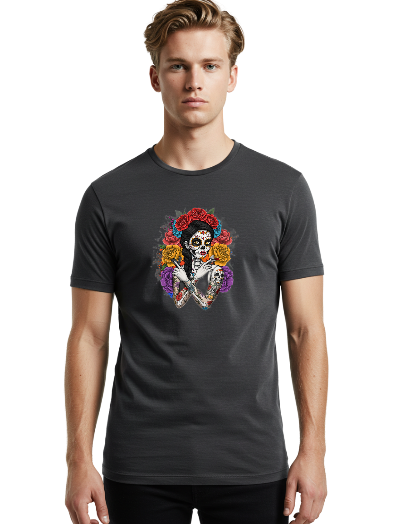 Sugar-Skull-Woman Men'S Graphic Tee, 100% Cotton, Comfortable Casual Summer Wear, Machine Washable, Sugar Skull, Day Of The Dead, Tattoo Art, Floral Crown, Roses, Skull Makeup, Vibrant Colors, Gothic Style, Feminine Beauty, Bad792 25