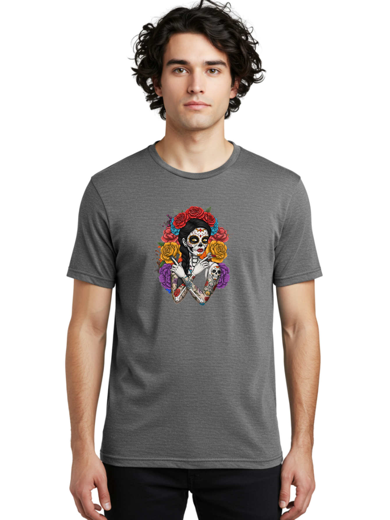 Sugar-Skull-Woman Men'S Graphic Tee, 100% Cotton, Comfortable Casual Summer Wear, Machine Washable, Sugar Skull, Day Of The Dead, Tattoo Art, Floral Crown, Roses, Skull Makeup, Vibrant Colors, Gothic Style, Feminine Beauty, Bad792 19