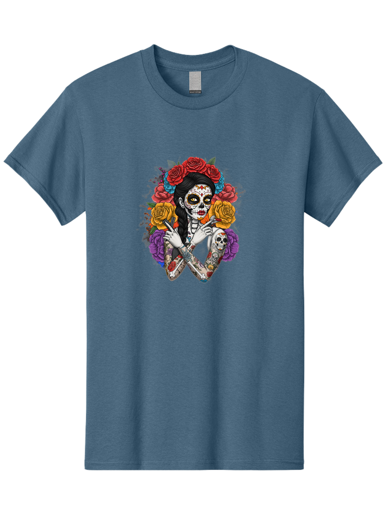 Sugar-Skull-Woman Men'S Graphic Tee, 100% Cotton, Comfortable Casual Summer Wear, Machine Washable, Sugar Skull, Day Of The Dead, Tattoo Art, Floral Crown, Roses, Skull Makeup, Vibrant Colors, Gothic Style, Feminine Beauty, Bad792 5