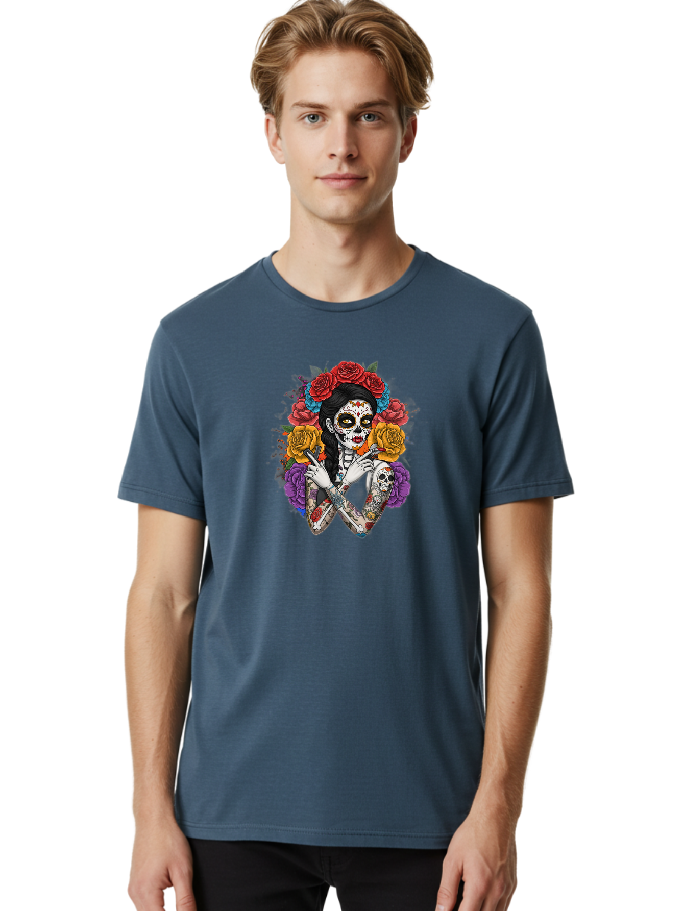 Sugar-Skull-Woman Men'S Graphic Tee, 100% Cotton, Comfortable Casual Summer Wear, Machine Washable, Sugar Skull, Day Of The Dead, Tattoo Art, Floral Crown, Roses, Skull Makeup, Vibrant Colors, Gothic Style, Feminine Beauty, Bad792 20
