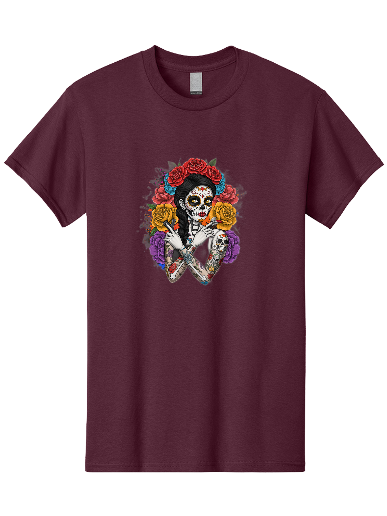 Sugar-Skull-Woman Men'S Graphic Tee, 100% Cotton, Comfortable Casual Summer Wear, Machine Washable, Sugar Skull, Day Of The Dead, Tattoo Art, Floral Crown, Roses, Skull Makeup, Vibrant Colors, Gothic Style, Feminine Beauty, Bad792 9