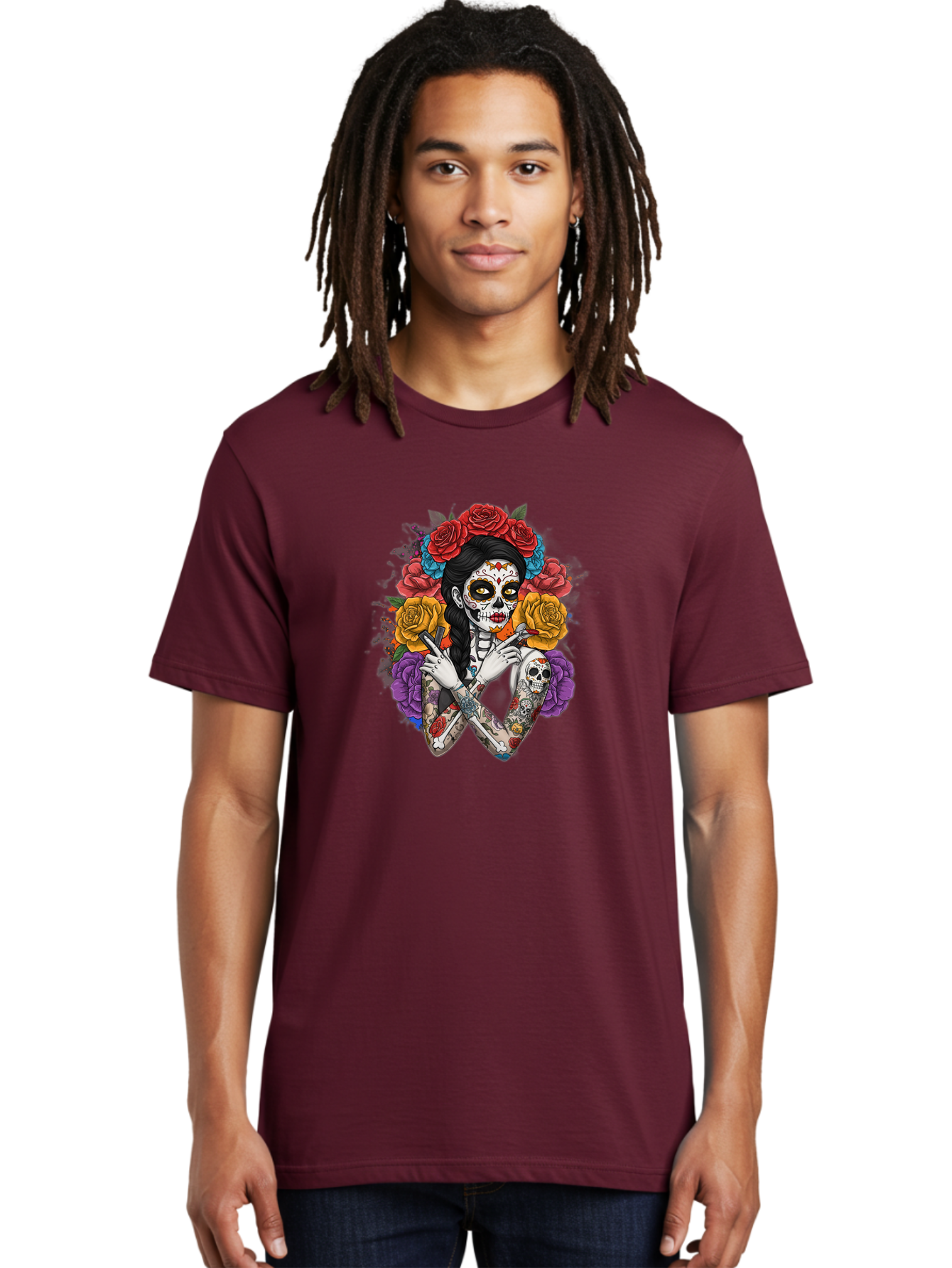 Sugar-Skull-Woman Men'S Graphic Tee, 100% Cotton, Comfortable Casual Summer Wear, Machine Washable, Sugar Skull, Day Of The Dead, Tattoo Art, Floral Crown, Roses, Skull Makeup, Vibrant Colors, Gothic Style, Feminine Beauty, Bad792 24