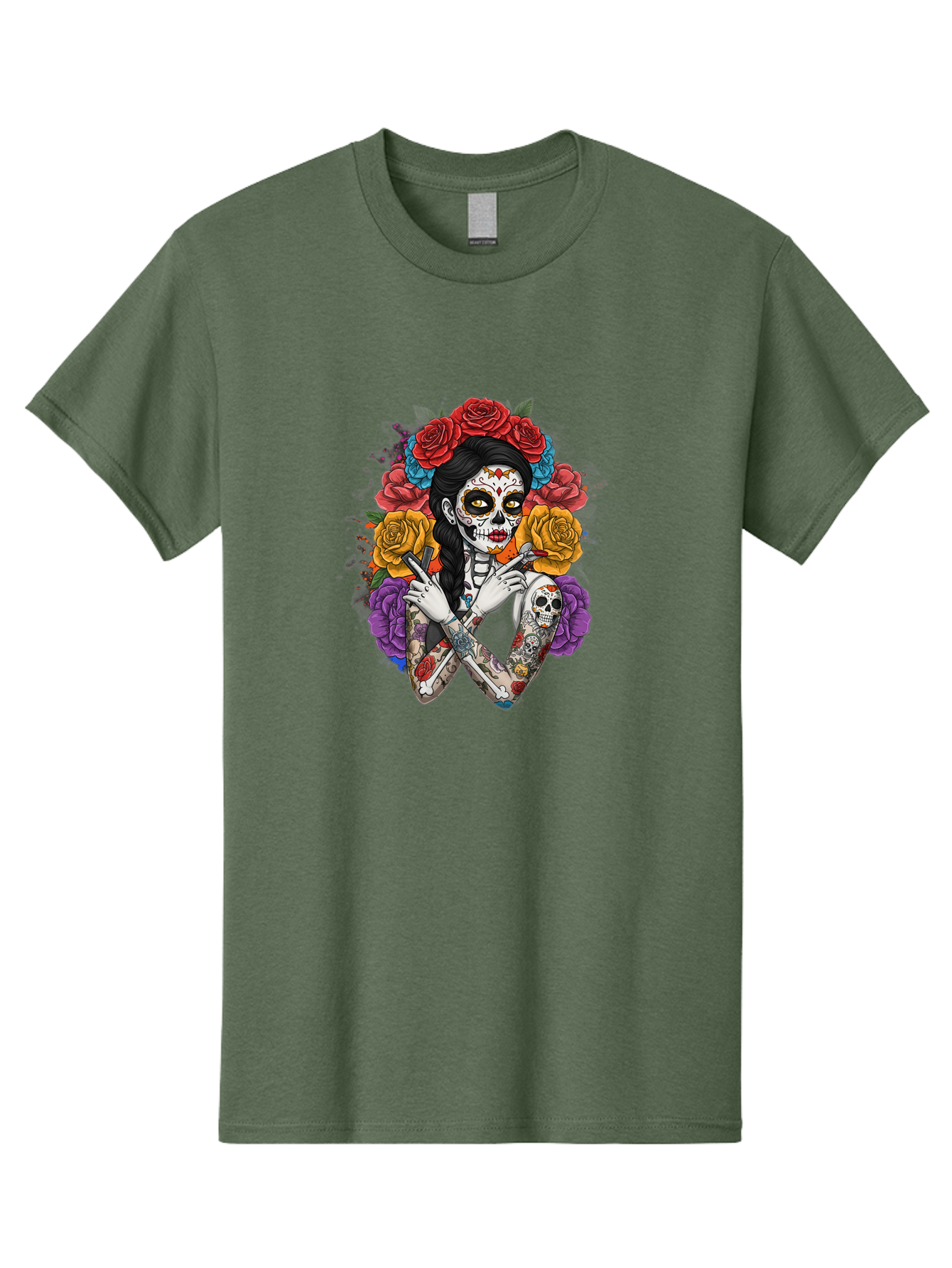 Sugar-Skull-Woman Men'S Graphic Tee, 100% Cotton, Comfortable Casual Summer Wear, Machine Washable, Sugar Skull, Day Of The Dead, Tattoo Art, Floral Crown, Roses, Skull Makeup, Vibrant Colors, Gothic Style, Feminine Beauty, Bad792 8