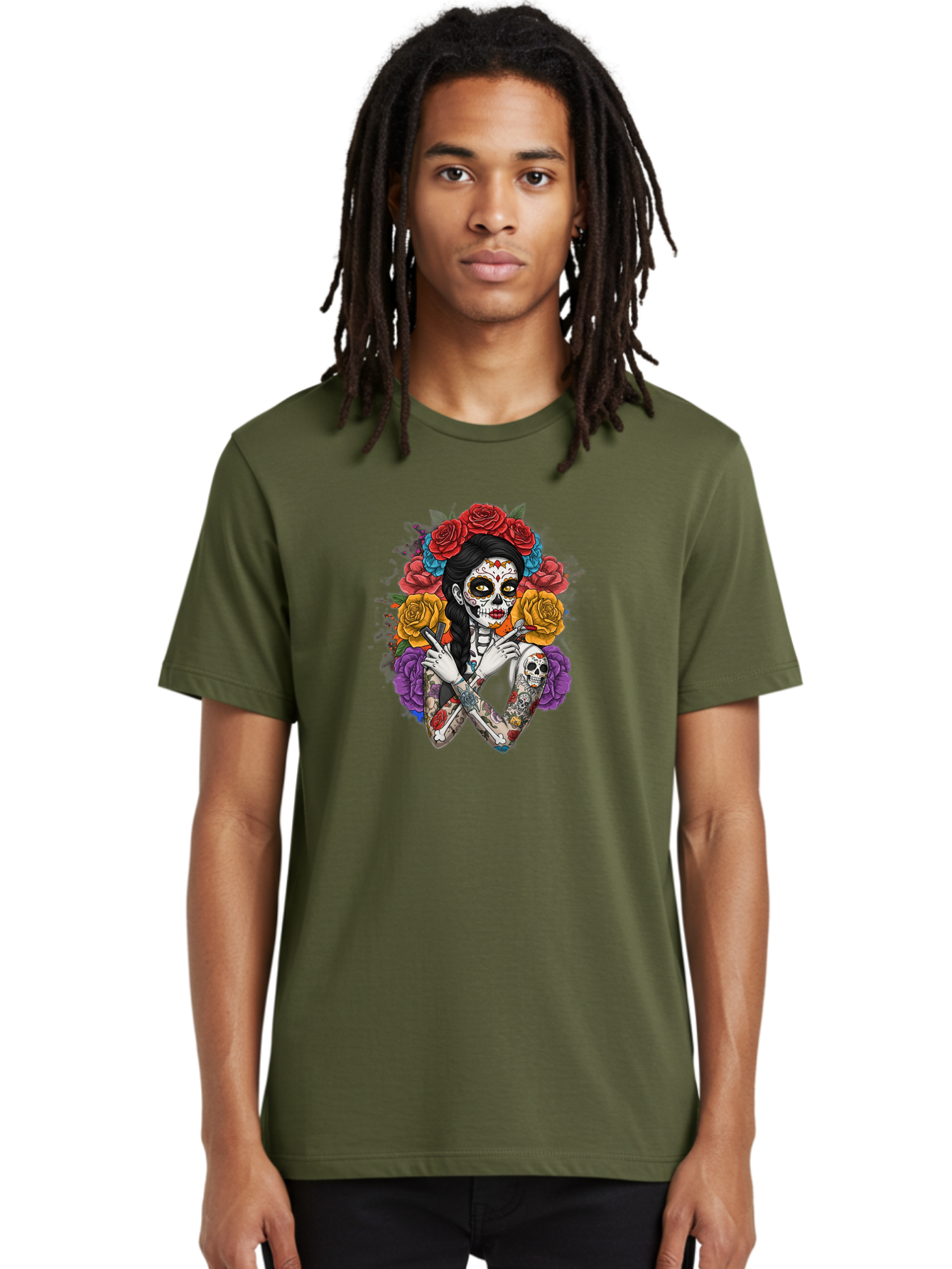 Sugar-Skull-Woman Men'S Graphic Tee, 100% Cotton, Comfortable Casual Summer Wear, Machine Washable, Sugar Skull, Day Of The Dead, Tattoo Art, Floral Crown, Roses, Skull Makeup, Vibrant Colors, Gothic Style, Feminine Beauty, Bad792 23