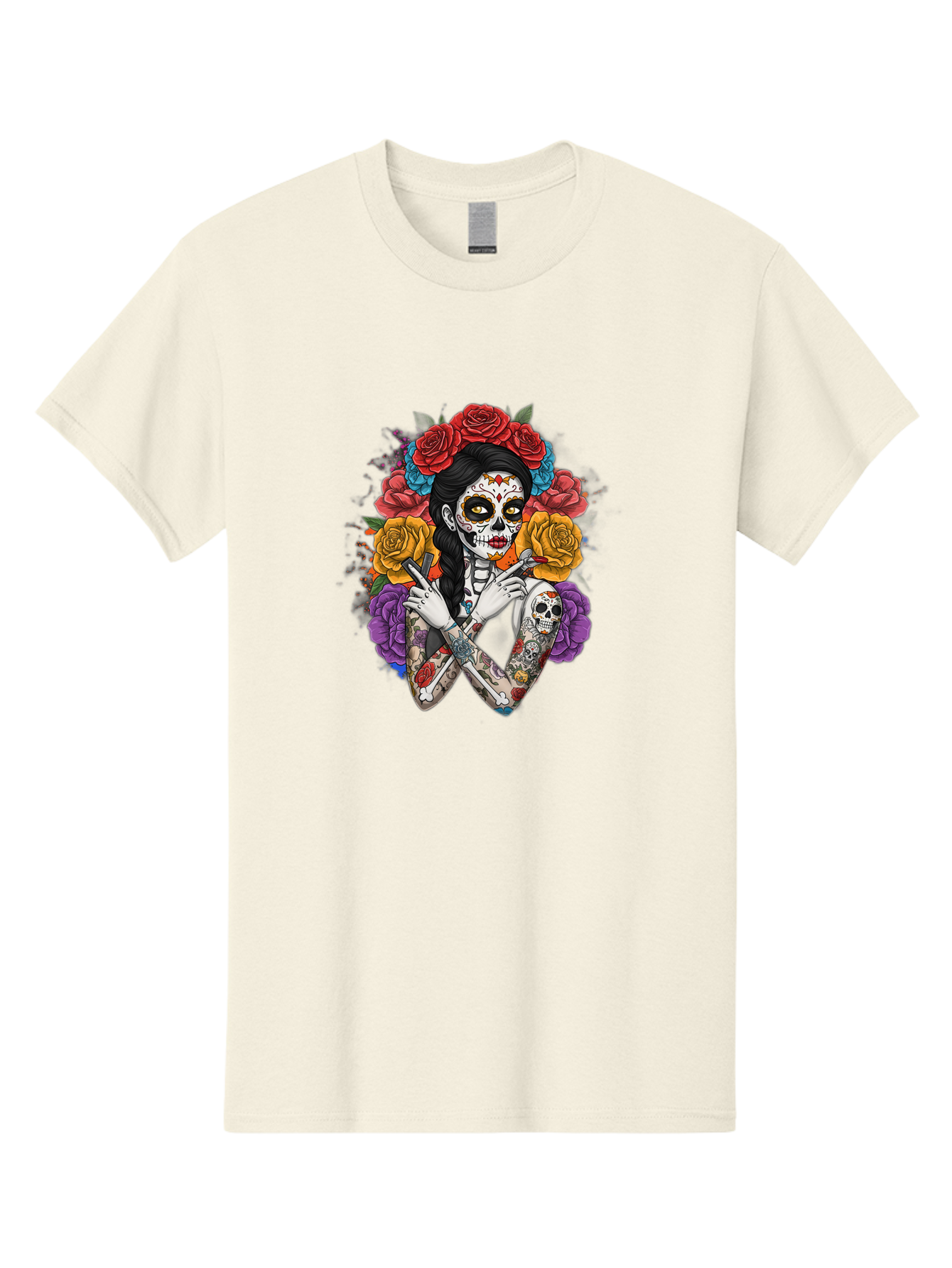 Sugar-Skull-Woman Men'S Graphic Tee, 100% Cotton, Comfortable Casual Summer Wear, Machine Washable, Sugar Skull, Day Of The Dead, Tattoo Art, Floral Crown, Roses, Skull Makeup, Vibrant Colors, Gothic Style, Feminine Beauty, Bad792 6