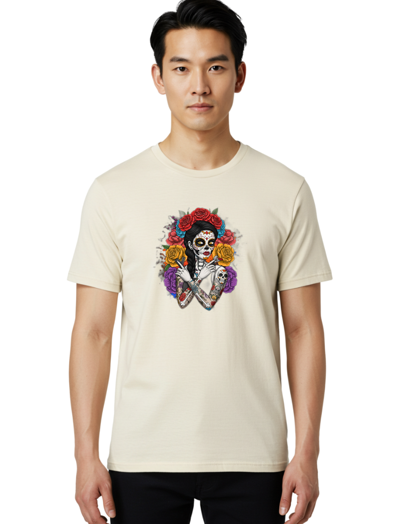 Sugar-Skull-Woman Men'S Graphic Tee, 100% Cotton, Comfortable Casual Summer Wear, Machine Washable, Sugar Skull, Day Of The Dead, Tattoo Art, Floral Crown, Roses, Skull Makeup, Vibrant Colors, Gothic Style, Feminine Beauty, Bad792 21