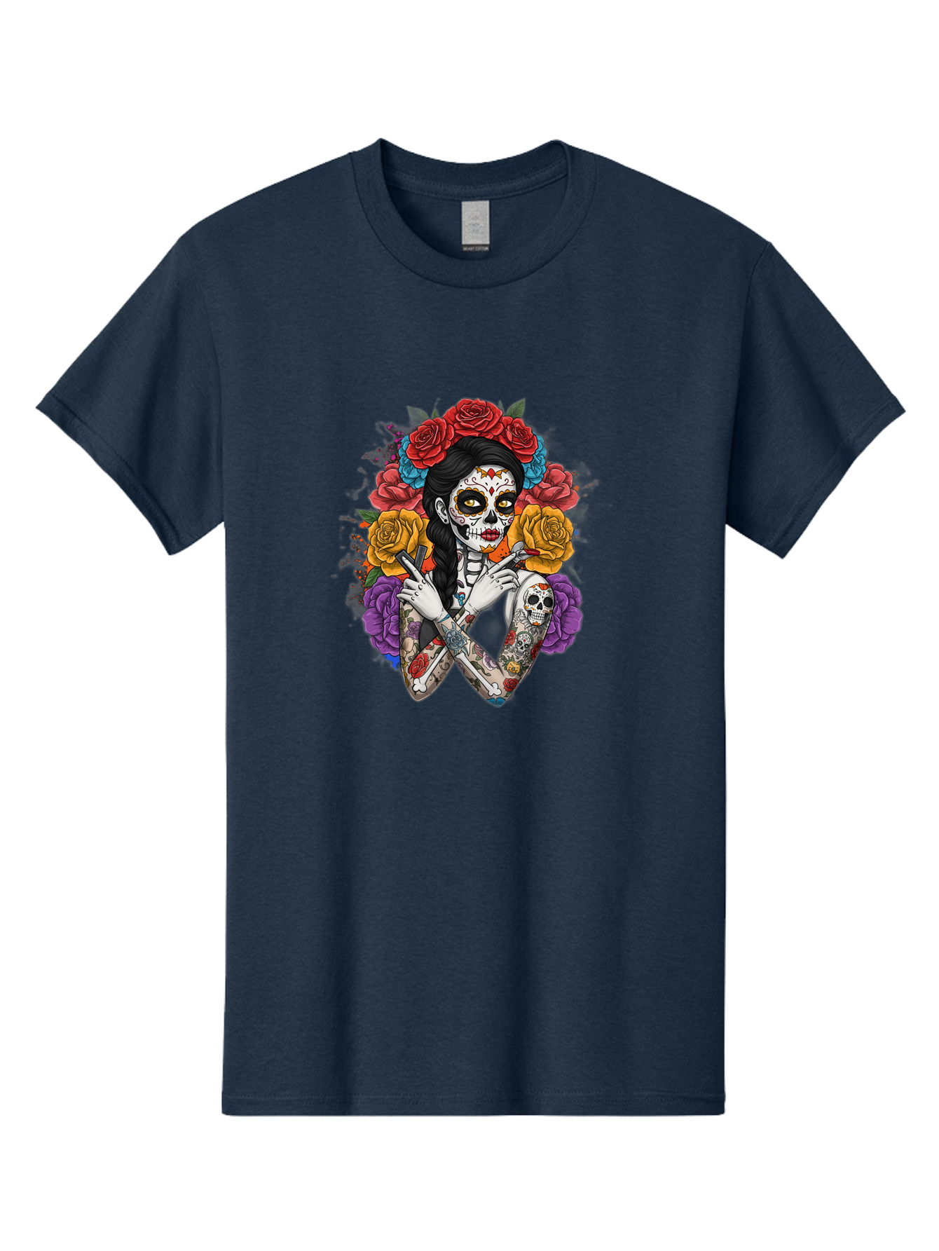 Sugar-Skull-Woman Men'S Graphic Tee, 100% Cotton, Comfortable Casual Summer Wear, Machine Washable, Sugar Skull, Day Of The Dead, Tattoo Art, Floral Crown, Roses, Skull Makeup, Vibrant Colors, Gothic Style, Feminine Beauty, Bad792 13