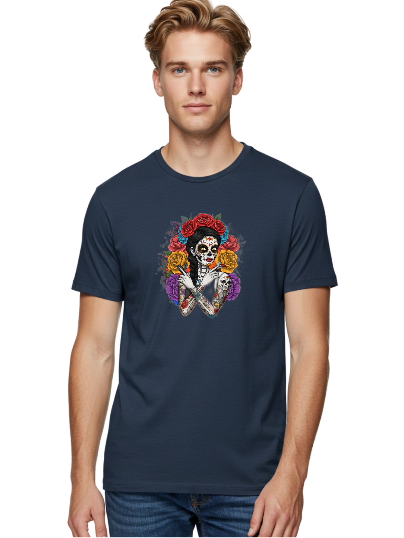 Sugar-Skull-Woman Men'S Graphic Tee, 100% Cotton, Comfortable Casual Summer Wear, Machine Washable, Sugar Skull, Day Of The Dead, Tattoo Art, Floral Crown, Roses, Skull Makeup, Vibrant Colors, Gothic Style, Feminine Beauty, Bad792 28