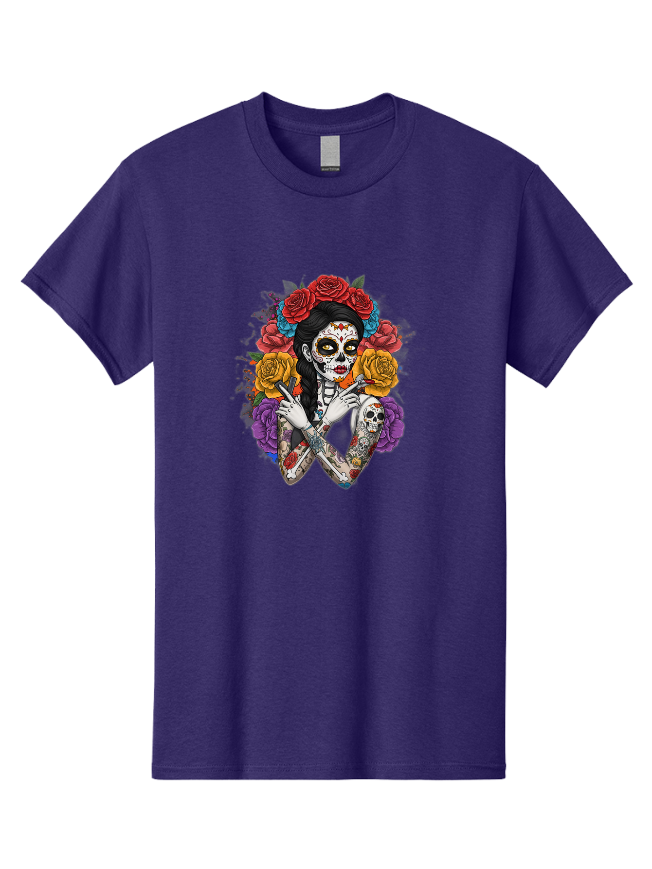 Sugar-Skull-Woman Men'S Graphic Tee, 100% Cotton, Comfortable Casual Summer Wear, Machine Washable, Sugar Skull, Day Of The Dead, Tattoo Art, Floral Crown, Roses, Skull Makeup, Vibrant Colors, Gothic Style, Feminine Beauty, Bad792 11