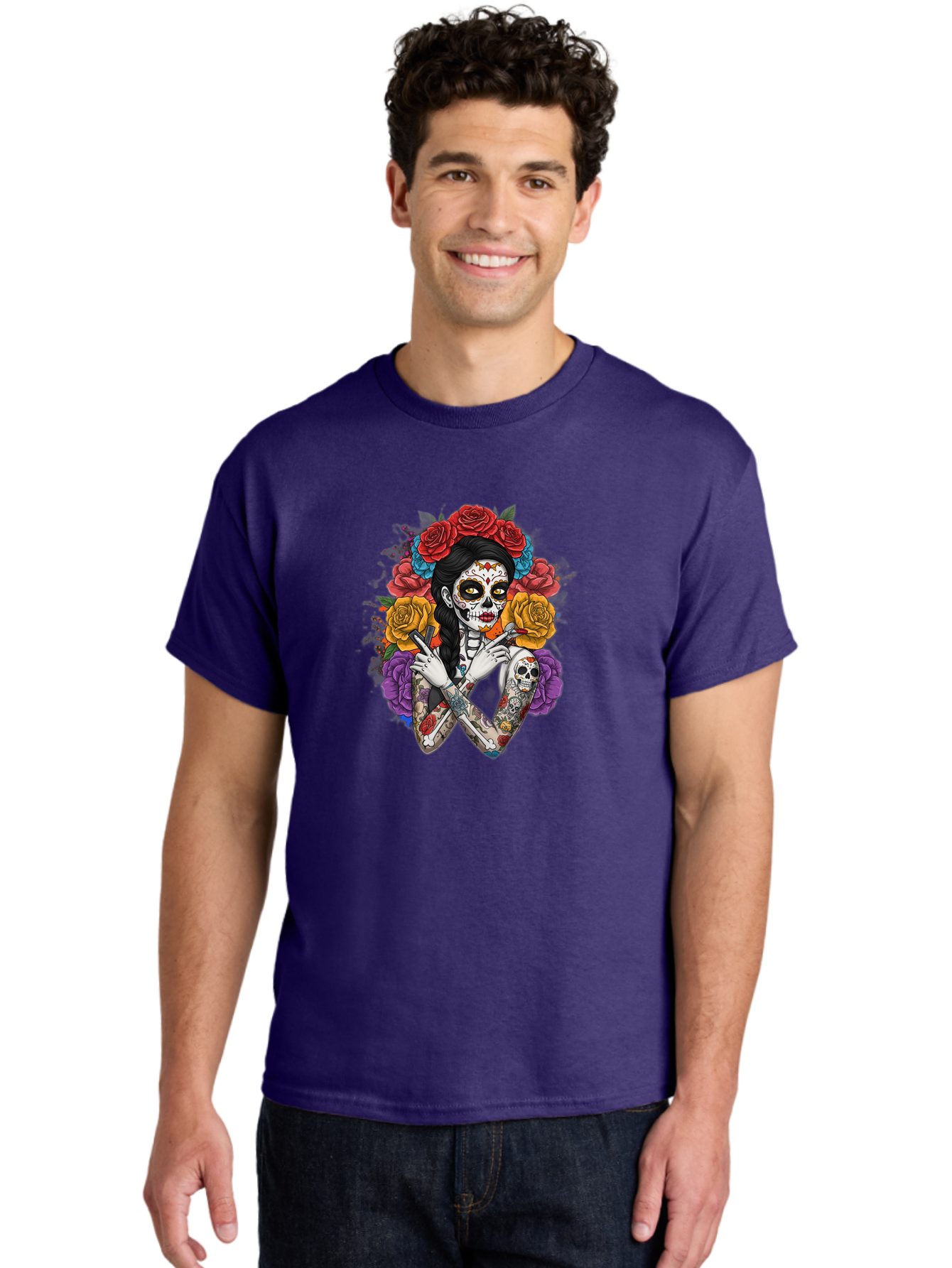 Sugar-Skull-Woman Men'S Graphic Tee, 100% Cotton, Comfortable Casual Summer Wear, Machine Washable, Sugar Skull, Day Of The Dead, Tattoo Art, Floral Crown, Roses, Skull Makeup, Vibrant Colors, Gothic Style, Feminine Beauty, Bad792 26