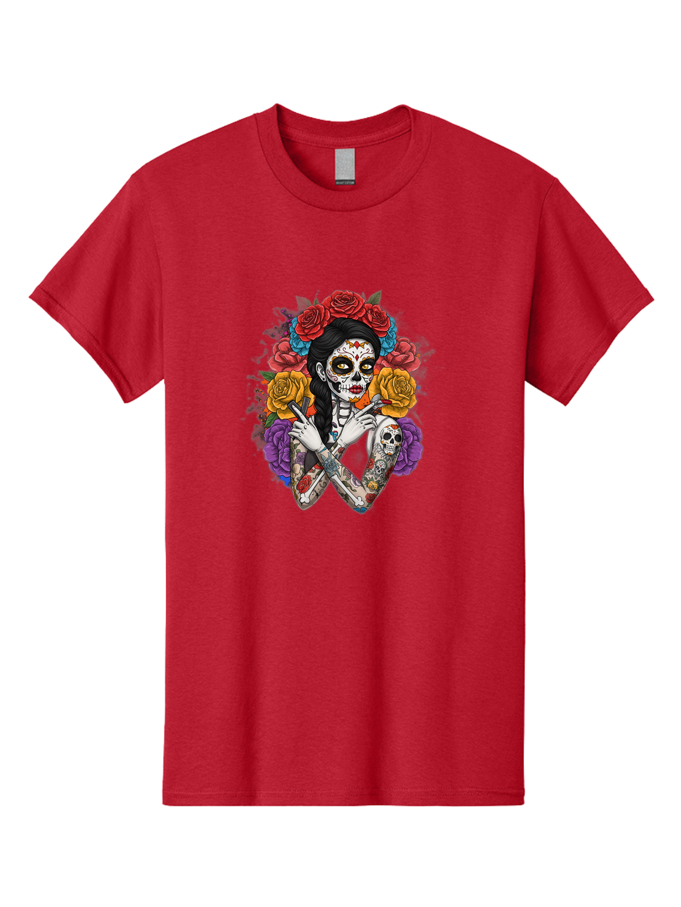 Sugar-Skull-Woman Men'S Graphic Tee, 100% Cotton, Comfortable Casual Summer Wear, Machine Washable, Sugar Skull, Day Of The Dead, Tattoo Art, Floral Crown, Roses, Skull Makeup, Vibrant Colors, Gothic Style, Feminine Beauty, Bad792 12