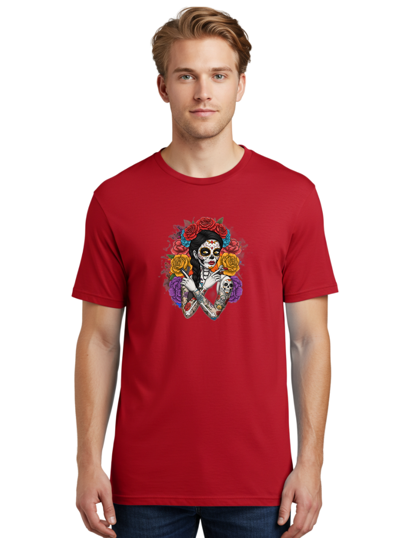 Sugar-Skull-Woman Men'S Graphic Tee, 100% Cotton, Comfortable Casual Summer Wear, Machine Washable, Sugar Skull, Day Of The Dead, Tattoo Art, Floral Crown, Roses, Skull Makeup, Vibrant Colors, Gothic Style, Feminine Beauty, Bad792 27