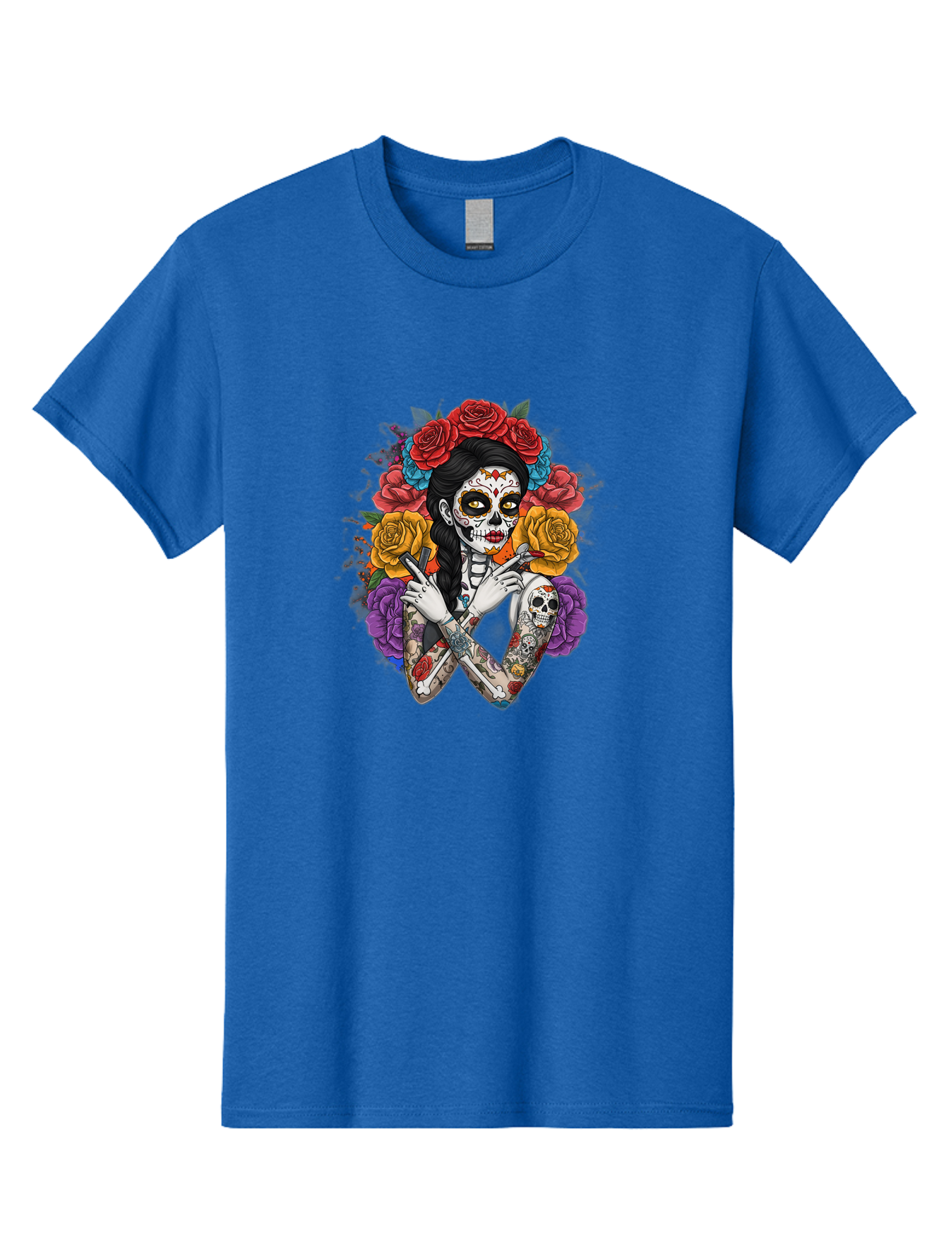 Sugar-Skull-Woman Men'S Graphic Tee, 100% Cotton, Comfortable Casual Summer Wear, Machine Washable, Sugar Skull, Day Of The Dead, Tattoo Art, Floral Crown, Roses, Skull Makeup, Vibrant Colors, Gothic Style, Feminine Beauty, Bad792 14