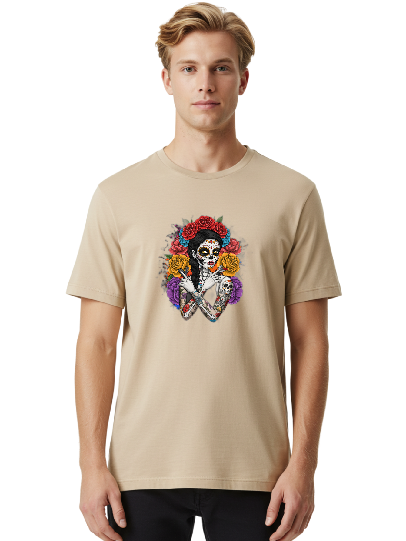 Sugar-Skull-Woman Men'S Graphic Tee, 100% Cotton, Comfortable Casual Summer Wear, Machine Washable, Sugar Skull, Day Of The Dead, Tattoo Art, Floral Crown, Roses, Skull Makeup, Vibrant Colors, Gothic Style, Feminine Beauty, Bad792 30