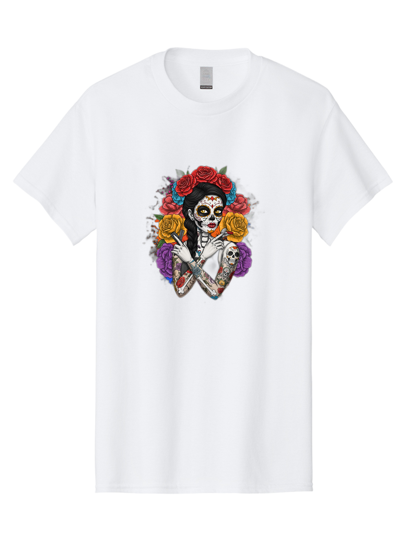 Sugar-Skull-Woman Men'S Graphic Tee, 100% Cotton, Comfortable Casual Summer Wear, Machine Washable, Sugar Skull, Day Of The Dead, Tattoo Art, Floral Crown, Roses, Skull Makeup, Vibrant Colors, Gothic Style, Feminine Beauty, Bad792 7