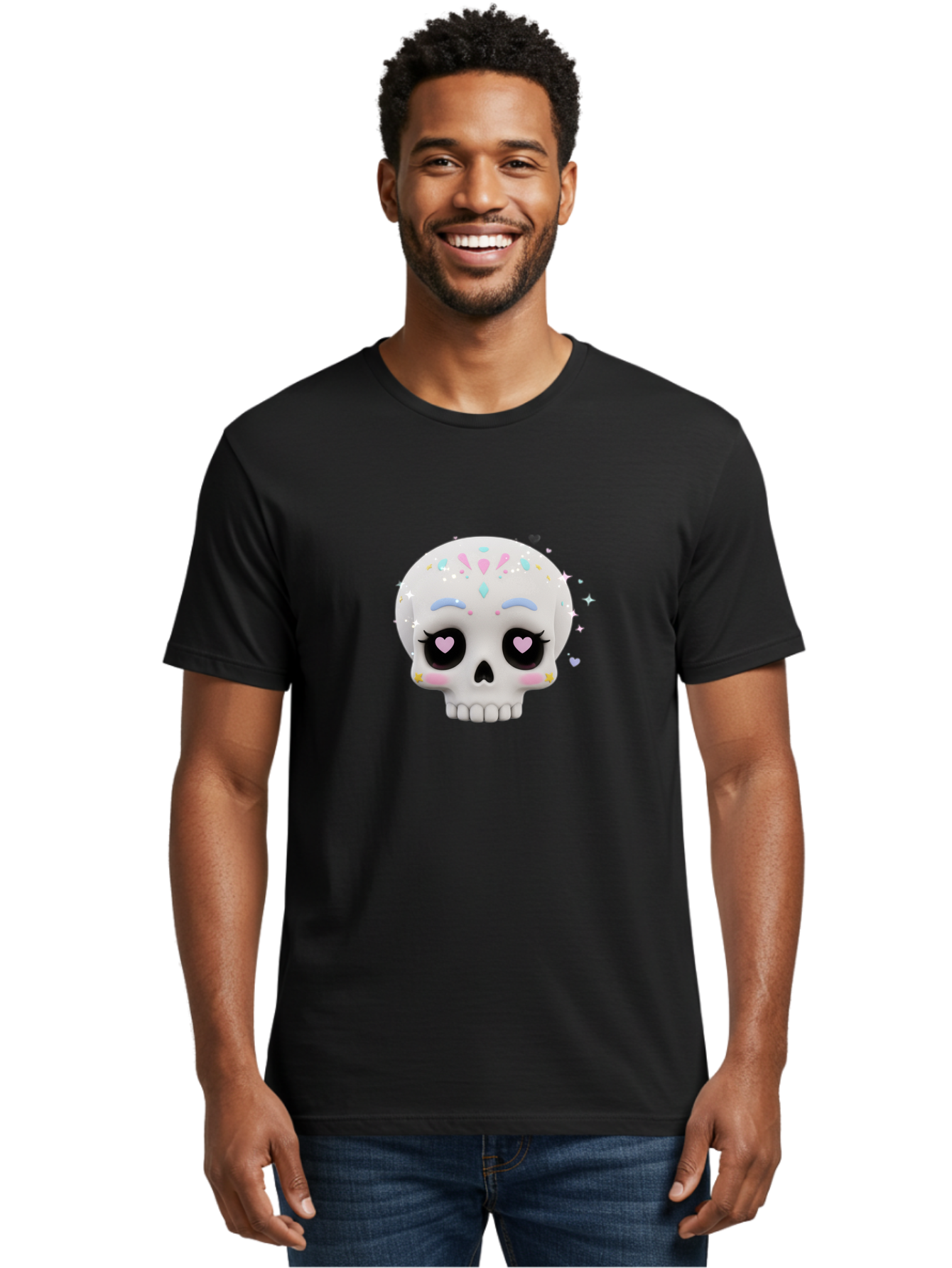 Sugar-Skull Men'S Graphic Tee, 100% Cotton, Comfortable Casual Summer Wear, Machine Washable, Sugar Skull Graphic, Cartoon-Style Skull, Pastel Colors, Festive Design, Day Of The Dead Theme, Colorful Sprinkles, Sparkly Elements, Bad793 20