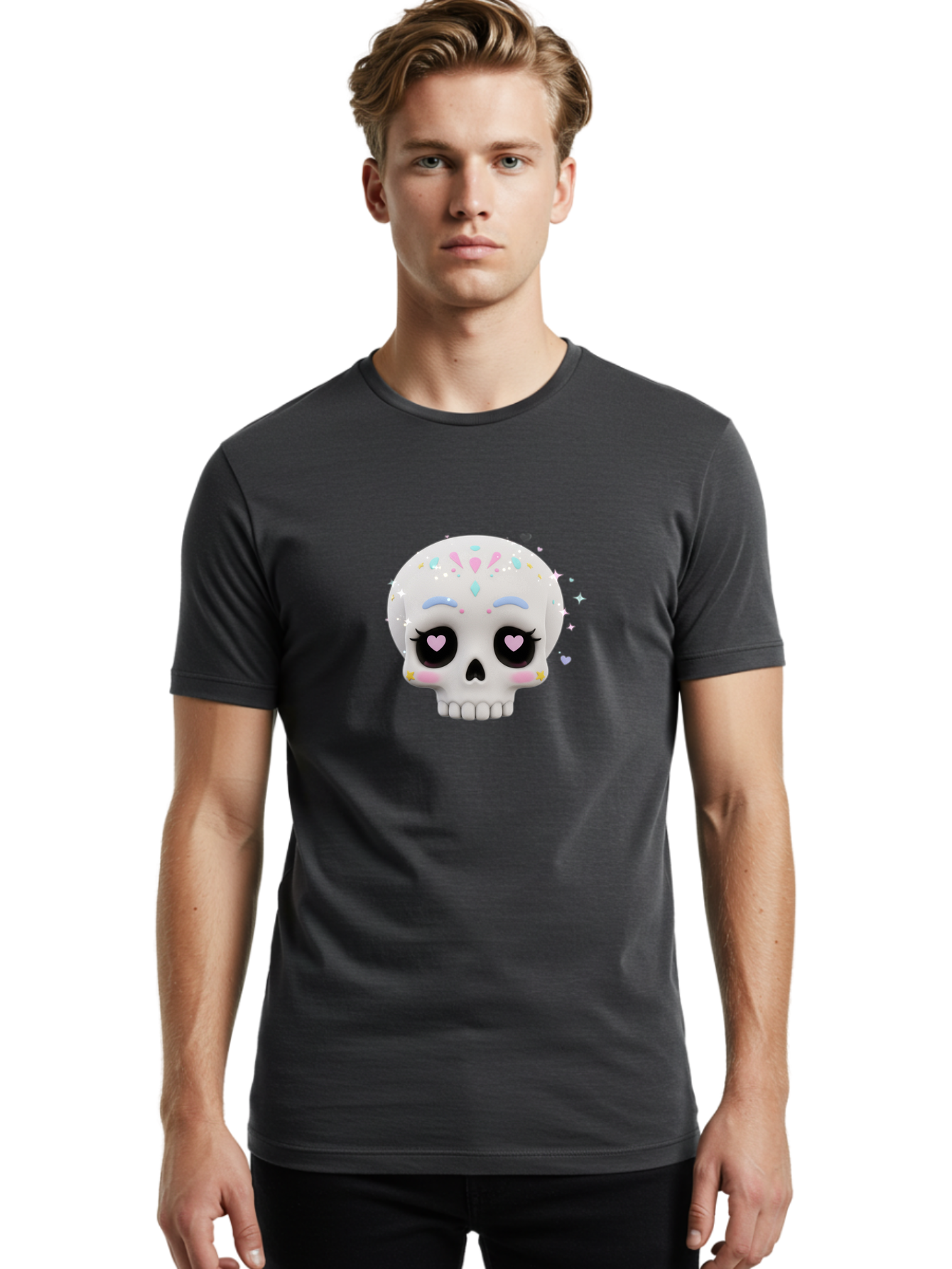 Sugar-Skull Men'S Graphic Tee, 100% Cotton, Comfortable Casual Summer Wear, Machine Washable, Sugar Skull Graphic, Cartoon-Style Skull, Pastel Colors, Festive Design, Day Of The Dead Theme, Colorful Sprinkles, Sparkly Elements, Bad793 30