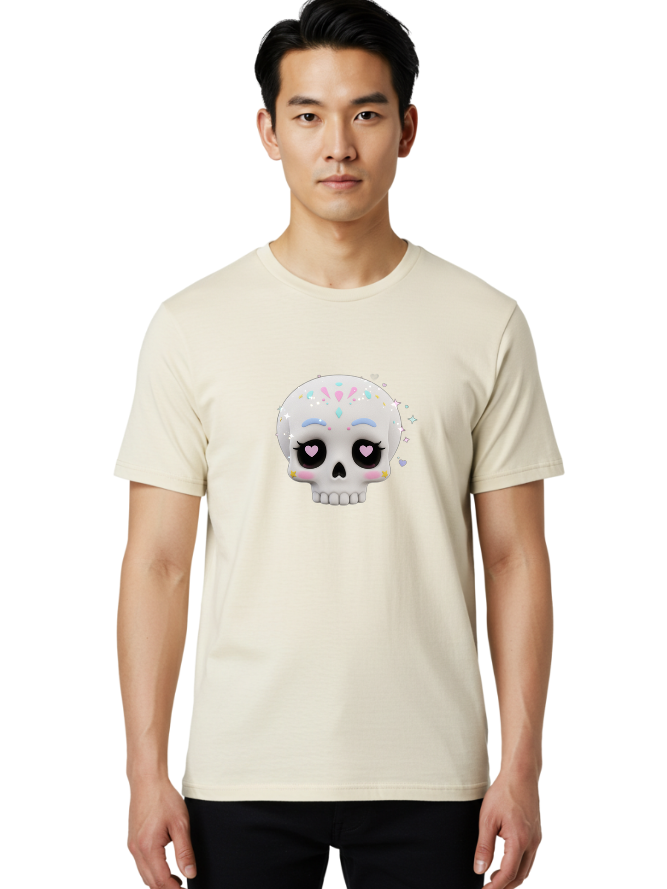 Sugar-Skull Men'S Graphic Tee, 100% Cotton, Comfortable Casual Summer Wear, Machine Washable, Sugar Skull Graphic, Cartoon-Style Skull, Pastel Colors, Festive Design, Day Of The Dead Theme, Colorful Sprinkles, Sparkly Elements, Bad793 29
