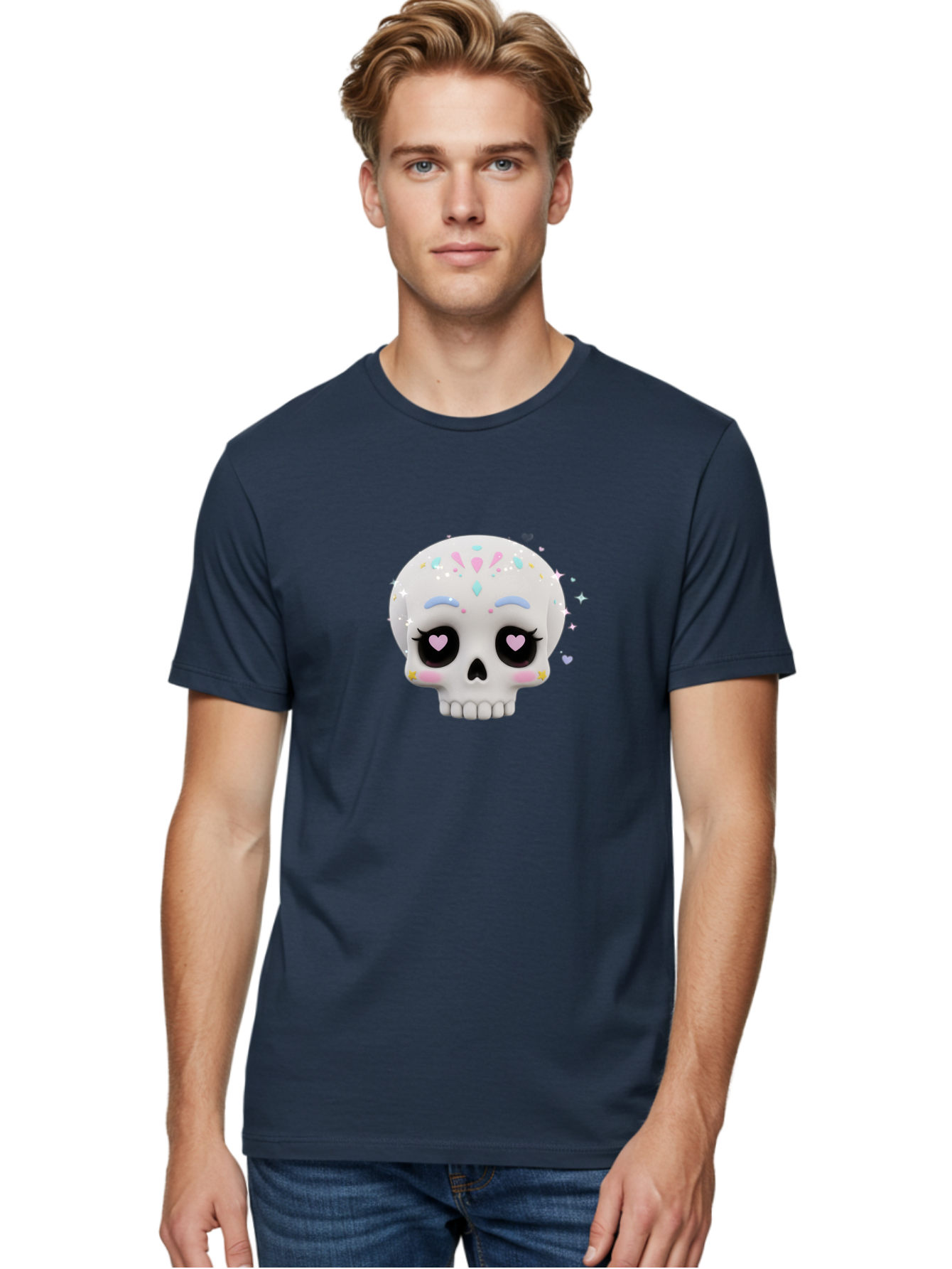 Sugar-Skull Men'S Graphic Tee, 100% Cotton, Comfortable Casual Summer Wear, Machine Washable, Sugar Skull Graphic, Cartoon-Style Skull, Pastel Colors, Festive Design, Day Of The Dead Theme, Colorful Sprinkles, Sparkly Elements, Bad793 19