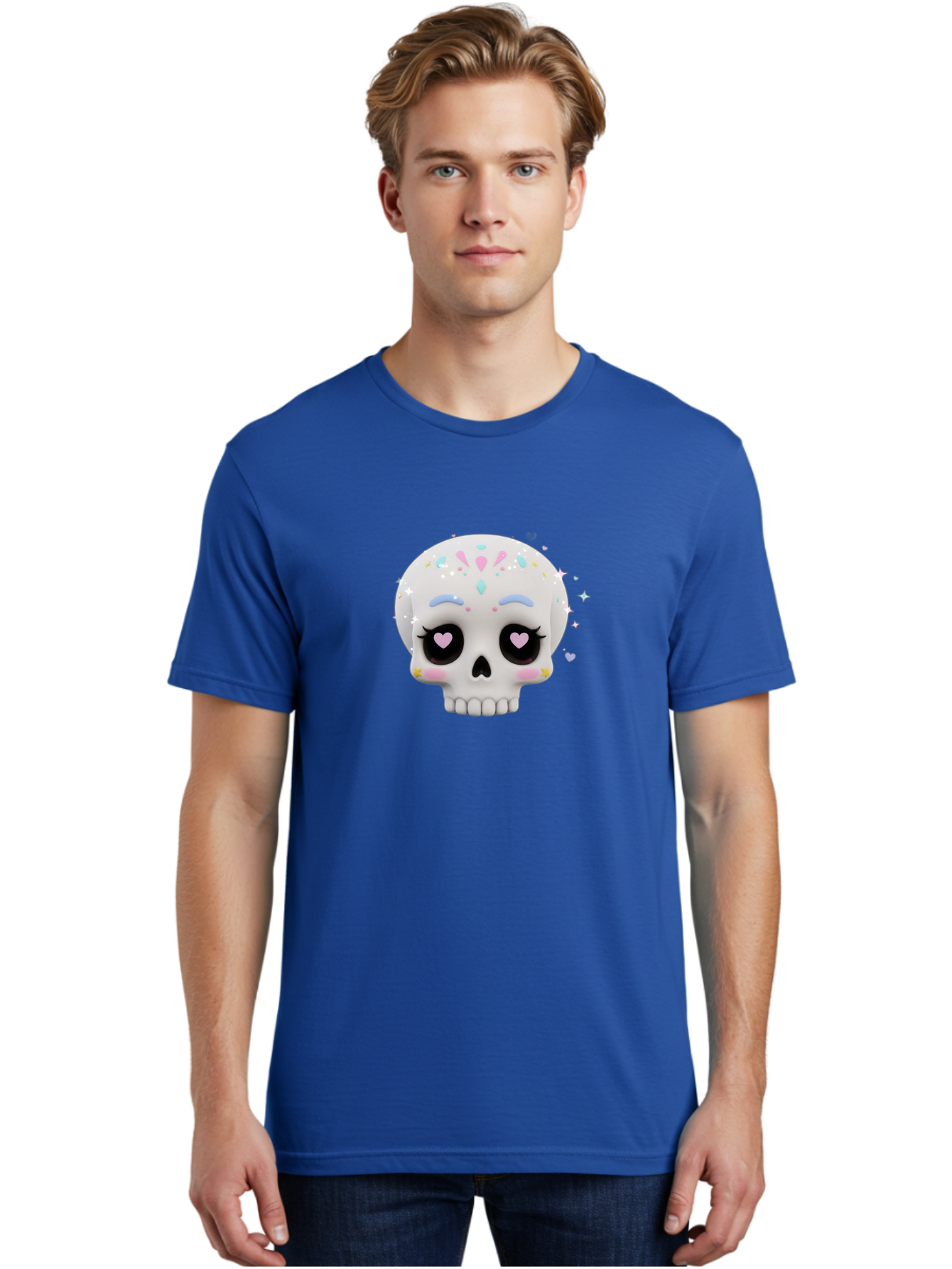 Sugar-Skull Men'S Graphic Tee, 100% Cotton, Comfortable Casual Summer Wear, Machine Washable, Sugar Skull Graphic, Cartoon-Style Skull, Pastel Colors, Festive Design, Day Of The Dead Theme, Colorful Sprinkles, Sparkly Elements, Bad793 25