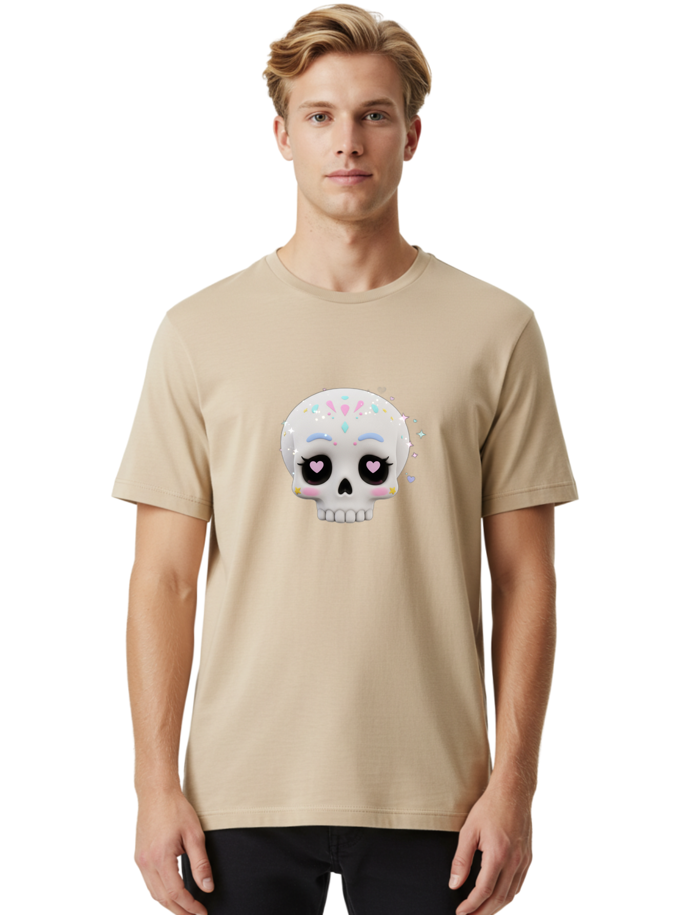 Sugar-Skull Men'S Graphic Tee, 100% Cotton, Comfortable Casual Summer Wear, Machine Washable, Sugar Skull Graphic, Cartoon-Style Skull, Pastel Colors, Festive Design, Day Of The Dead Theme, Colorful Sprinkles, Sparkly Elements, Bad793 21