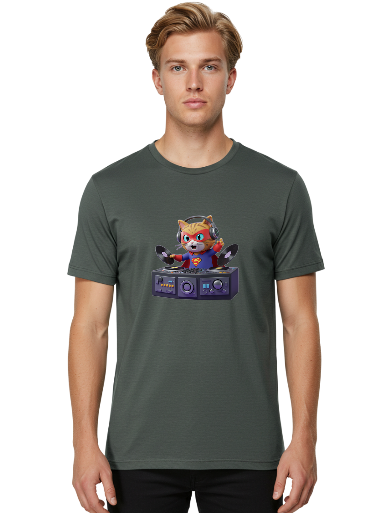 Superman-Cat-Dj Men'S Graphic Tee, 100% Cotton, Comfortable Casual Summer Wear, Machine Washable, Funny Cat, Dj Setup, Vinyl Records, Superhero Costume, Superman Logo, Party Atmosphere, Cartoon Character, Techno Music, Dancing Cat Bad796 29