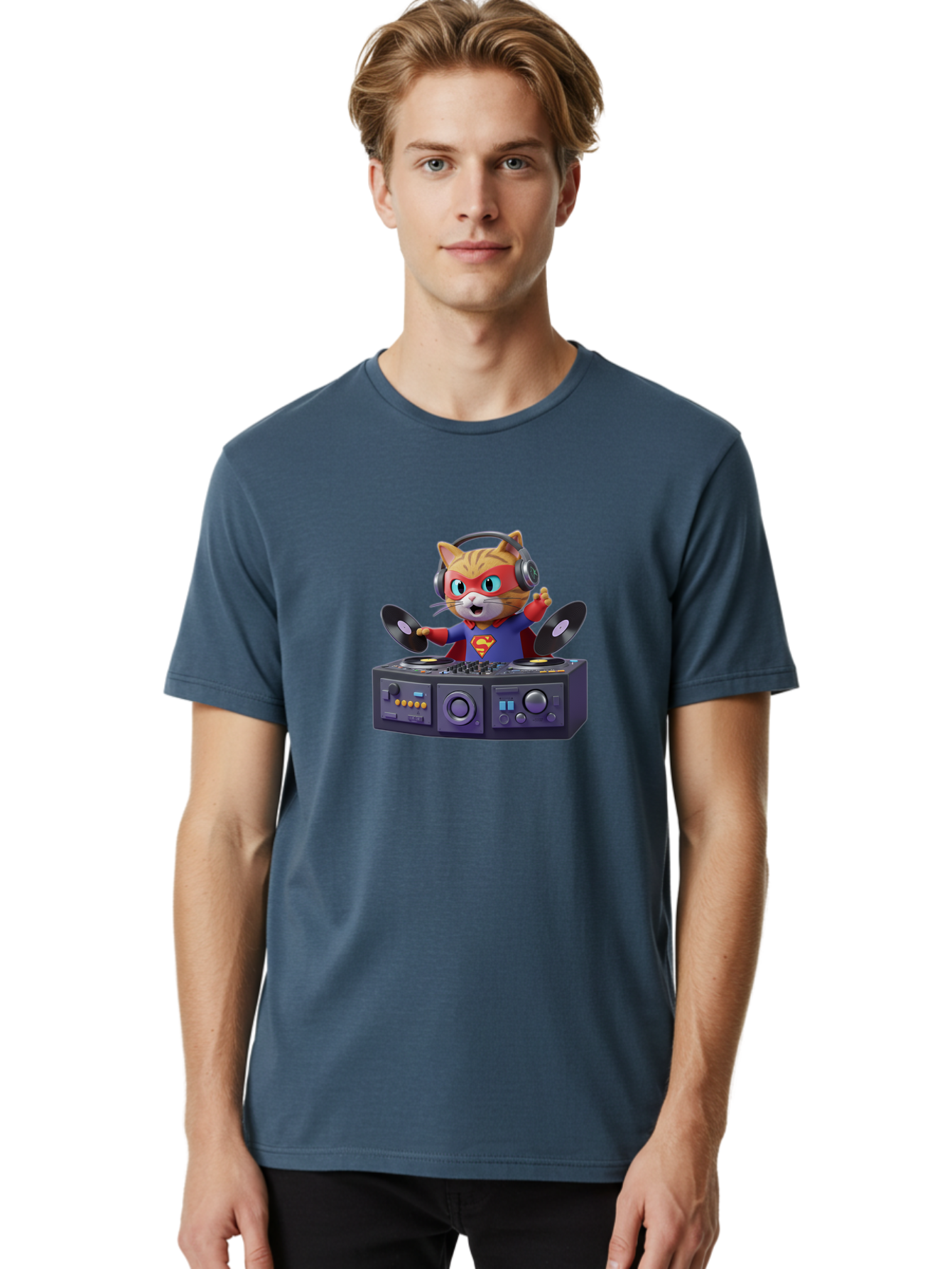 Superman-Cat-Dj Men'S Graphic Tee, 100% Cotton, Comfortable Casual Summer Wear, Machine Washable, Funny Cat, Dj Setup, Vinyl Records, Superhero Costume, Superman Logo, Party Atmosphere, Cartoon Character, Techno Music, Dancing Cat Bad796 23