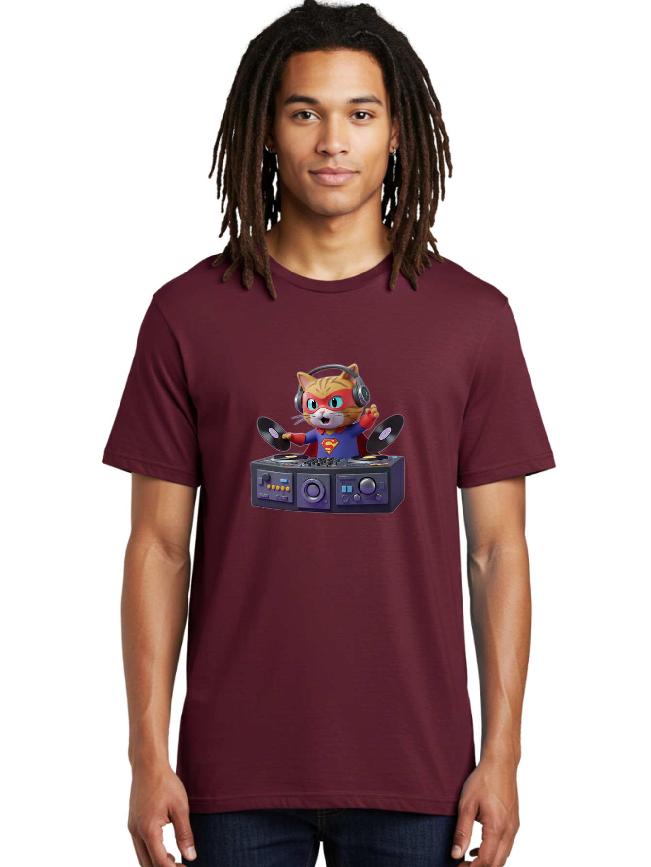 Superman-Cat-Dj Men'S Graphic Tee, 100% Cotton, Comfortable Casual Summer Wear, Machine Washable, Funny Cat, Dj Setup, Vinyl Records, Superhero Costume, Superman Logo, Party Atmosphere, Cartoon Character, Techno Music, Dancing Cat Bad796 18