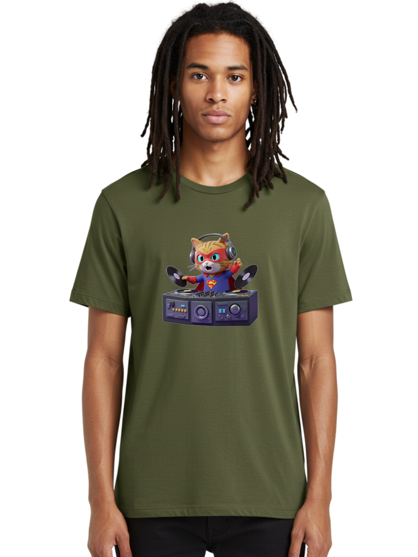 Superman-Cat-Dj Men'S Graphic Tee, 100% Cotton, Comfortable Casual Summer Wear, Machine Washable, Funny Cat, Dj Setup, Vinyl Records, Superhero Costume, Superman Logo, Party Atmosphere, Cartoon Character, Techno Music, Dancing Cat Bad796 21