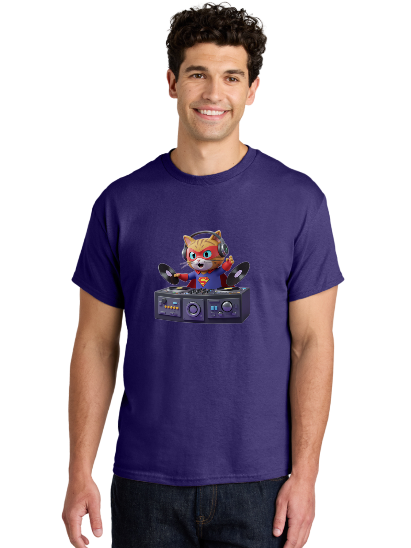 Superman-Cat-Dj Men'S Graphic Tee, 100% Cotton, Comfortable Casual Summer Wear, Machine Washable, Funny Cat, Dj Setup, Vinyl Records, Superhero Costume, Superman Logo, Party Atmosphere, Cartoon Character, Techno Music, Dancing Cat Bad796 20