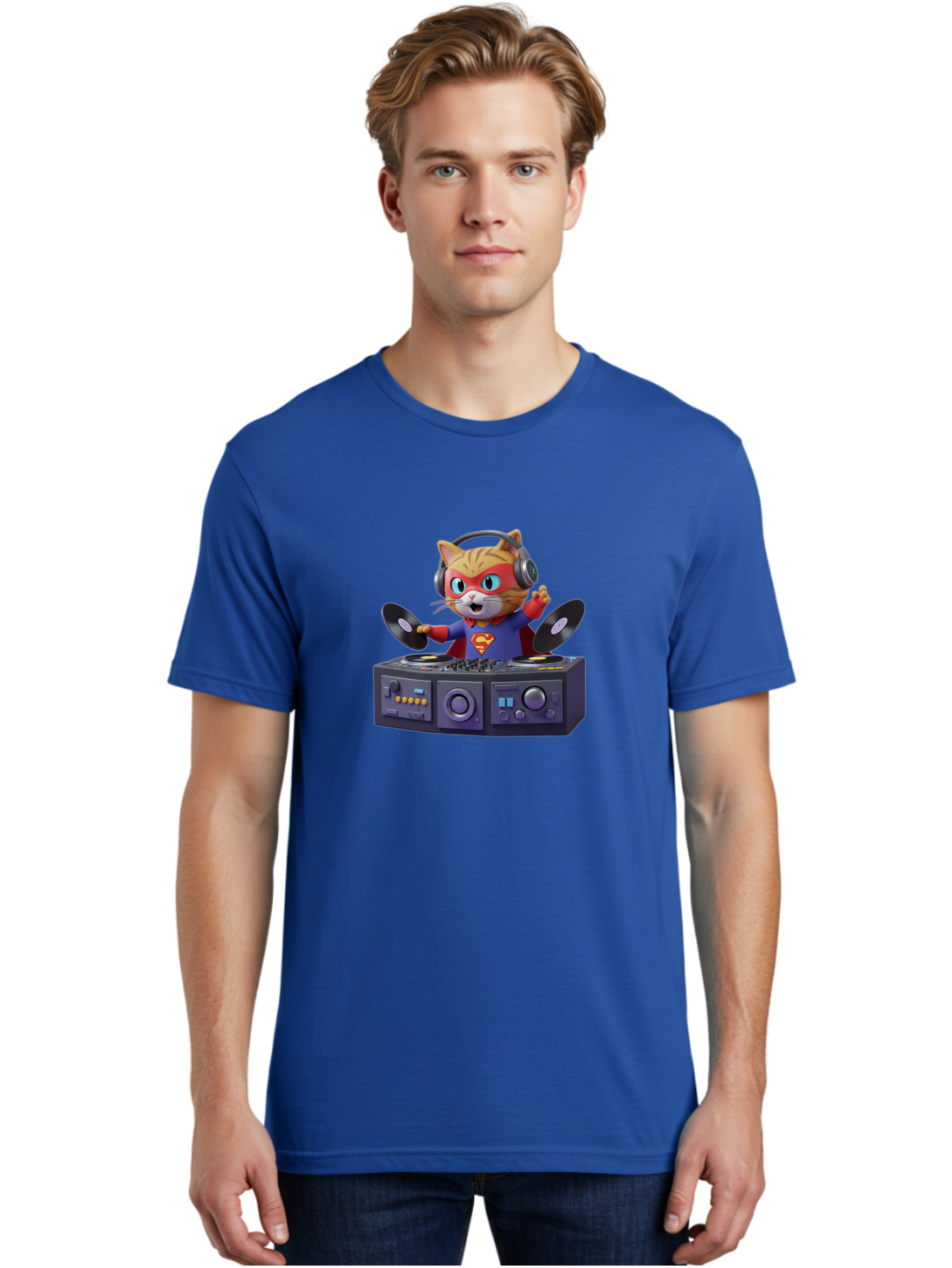 Superman-Cat-Dj Men'S Graphic Tee, 100% Cotton, Comfortable Casual Summer Wear, Machine Washable, Funny Cat, Dj Setup, Vinyl Records, Superhero Costume, Superman Logo, Party Atmosphere, Cartoon Character, Techno Music, Dancing Cat Bad796 19