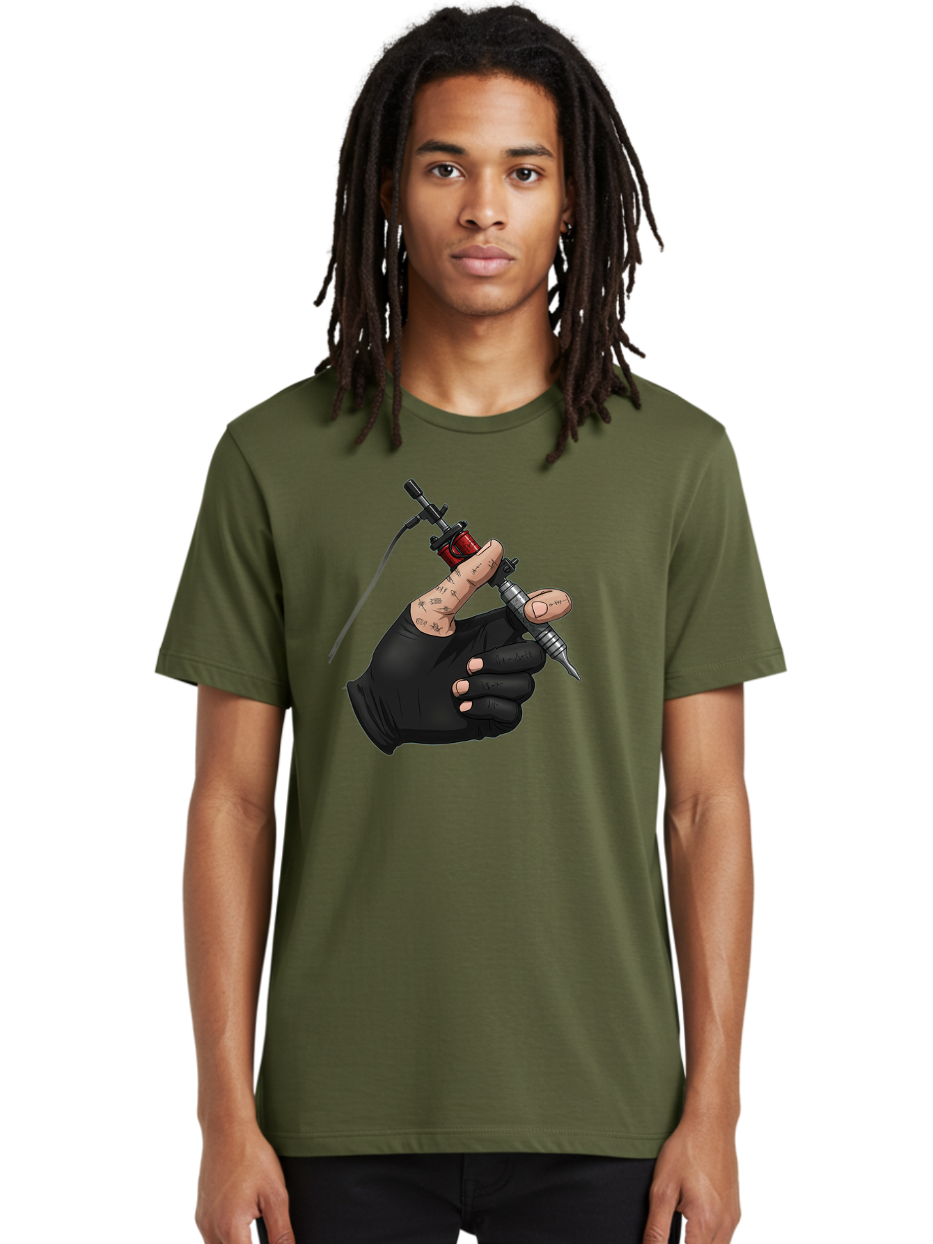 Tattoo-Hand Men'S Graphic Tee, 100% Cotton, Comfortable Casual Summer Wear, Machine Washable, Tattoo Artist Hand, Black Glove, Tattoo Machine In Hand, Red Tattoo Gun, Silver Needle, Tattoo Art, Body Art, Inked Hand Bad802 26
