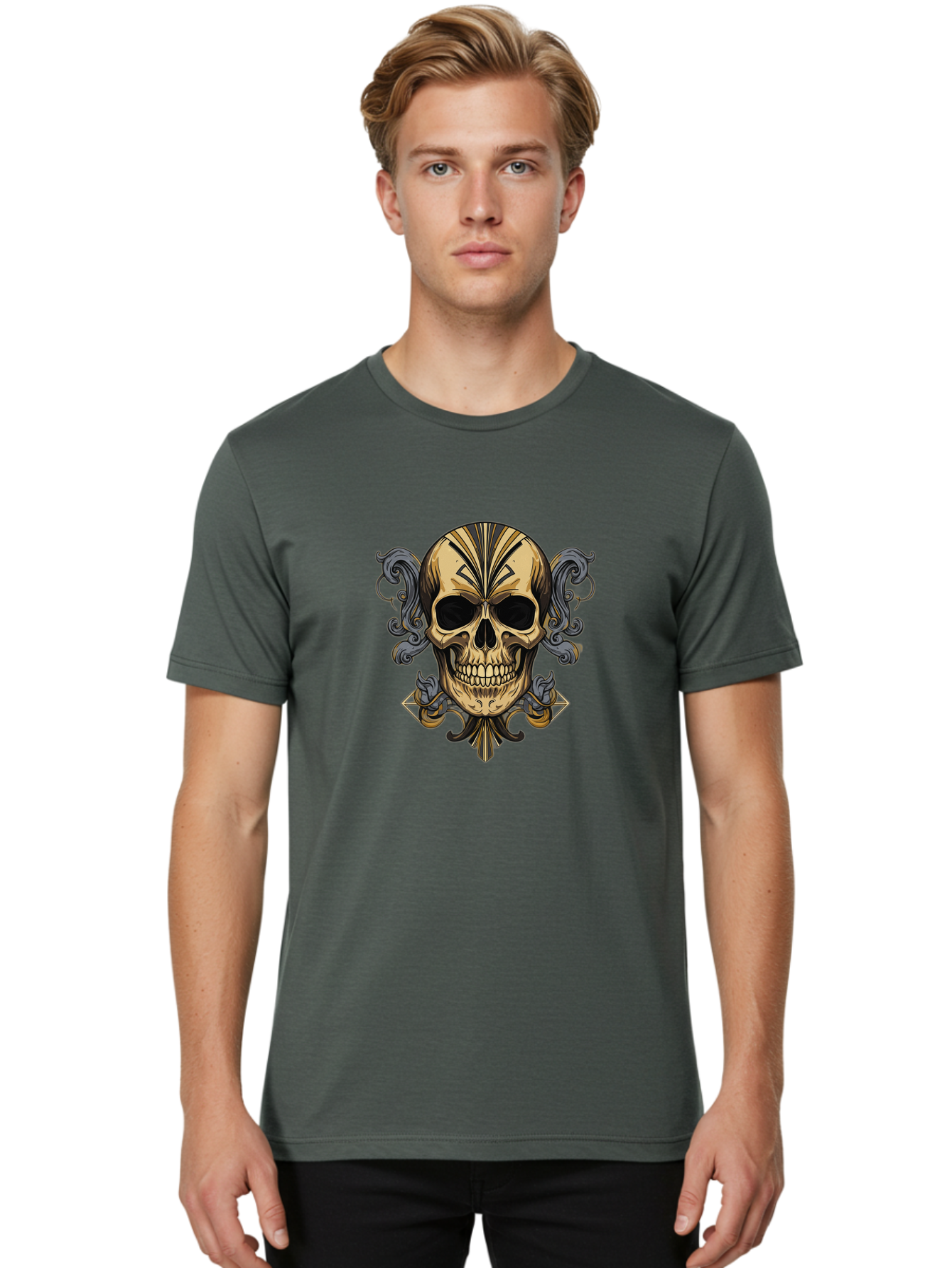Tattoo-Skull Men'S Graphic Tee, 100% Cotton, Comfortable Casual Summer Wear, Machine Washable, Tribal Skull Art, Gold Skull, Black Tribal Patterns, Ornate Designs, Gothic Elements, Edgy Aesthetic, Skull Illustration, Day Of The Dead, Bad814 22