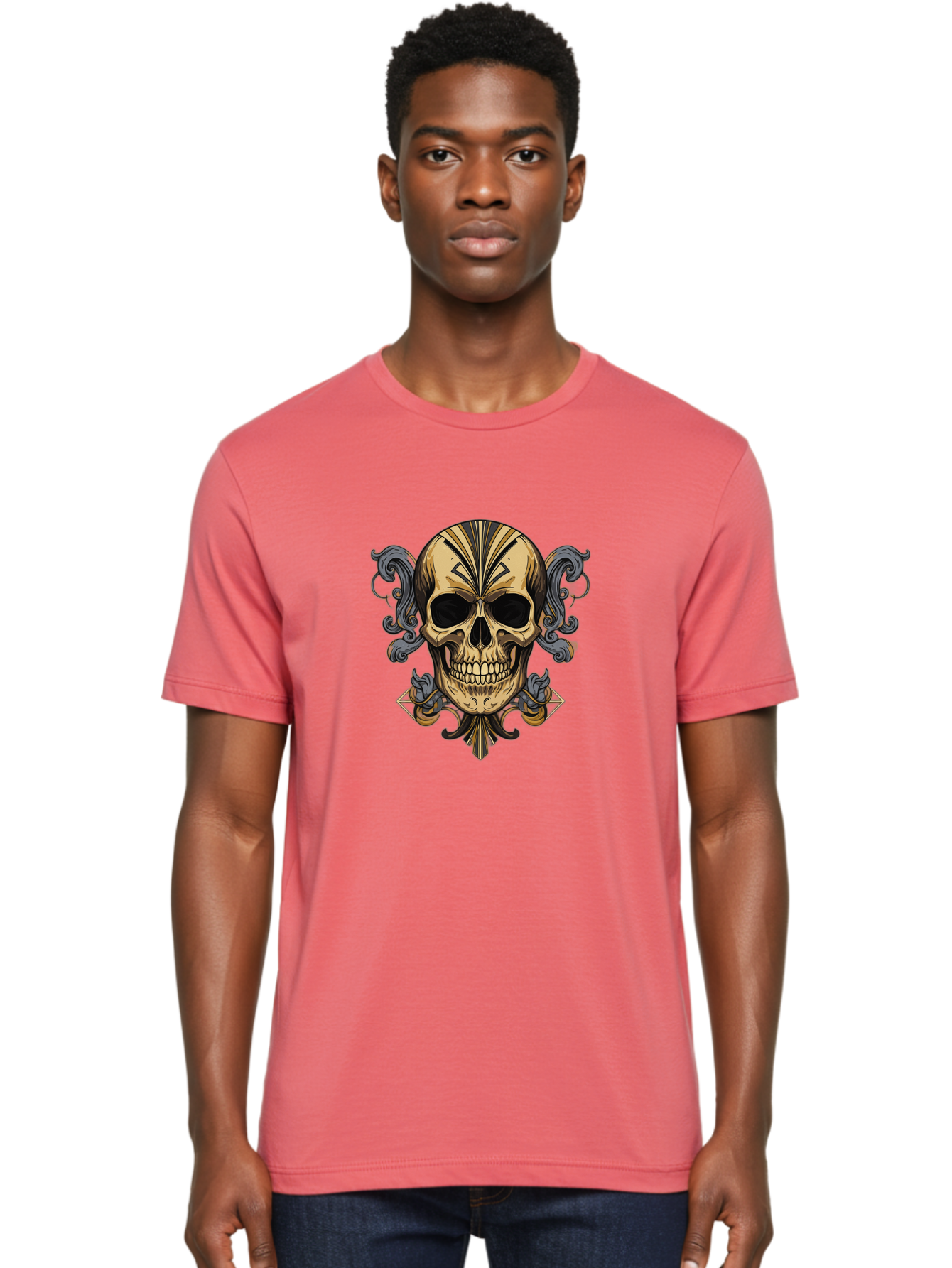 Tattoo-Skull Men'S Graphic Tee, 100% Cotton, Comfortable Casual Summer Wear, Machine Washable, Tribal Skull Art, Gold Skull, Black Tribal Patterns, Ornate Designs, Gothic Elements, Edgy Aesthetic, Skull Illustration, Day Of The Dead, Bad814 23